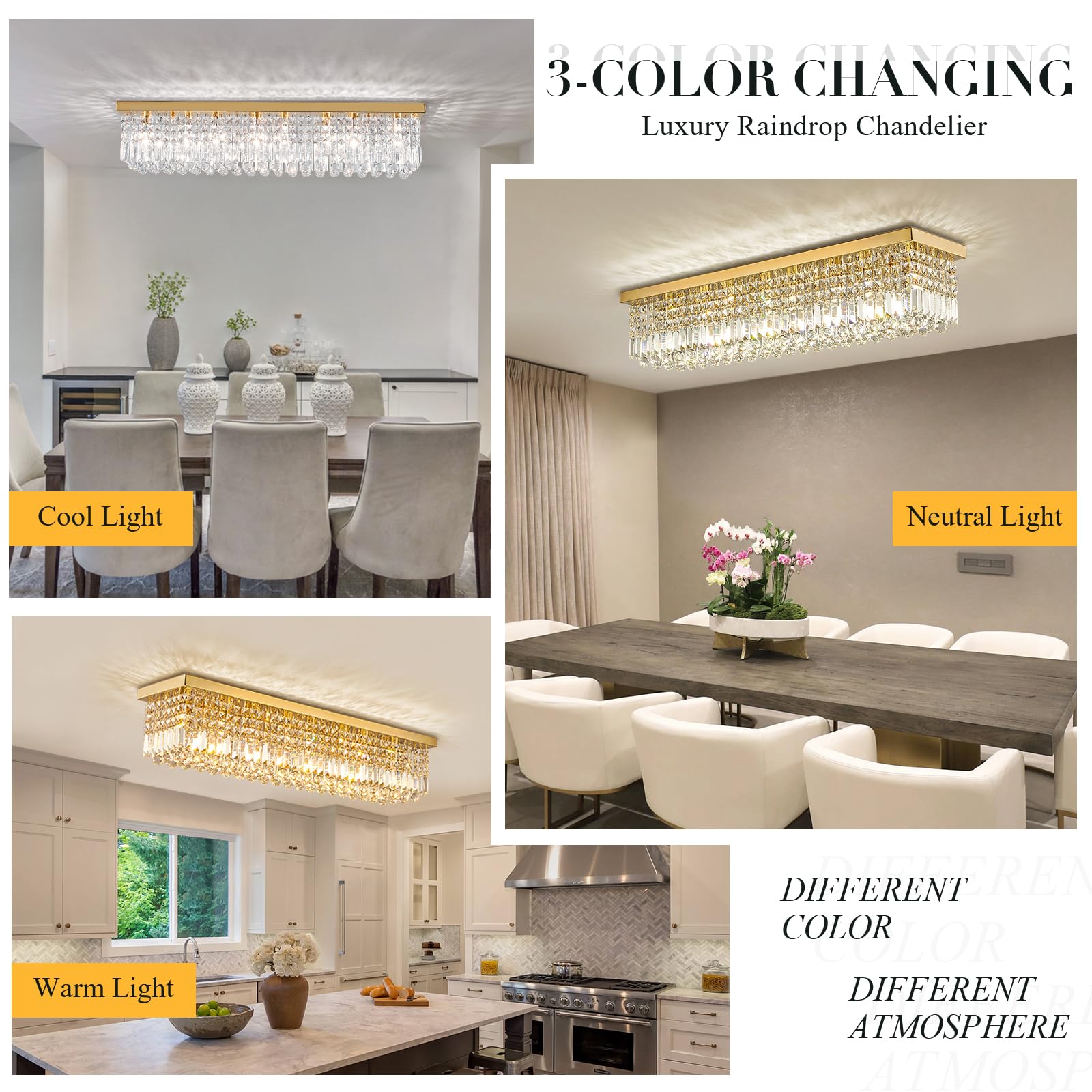 Siljoy 8-Lights Rectangular Flush Mount Ceiling Light, Stainless Steel, L40in , Gold, Modern Crystal Chandelier for Dining Room