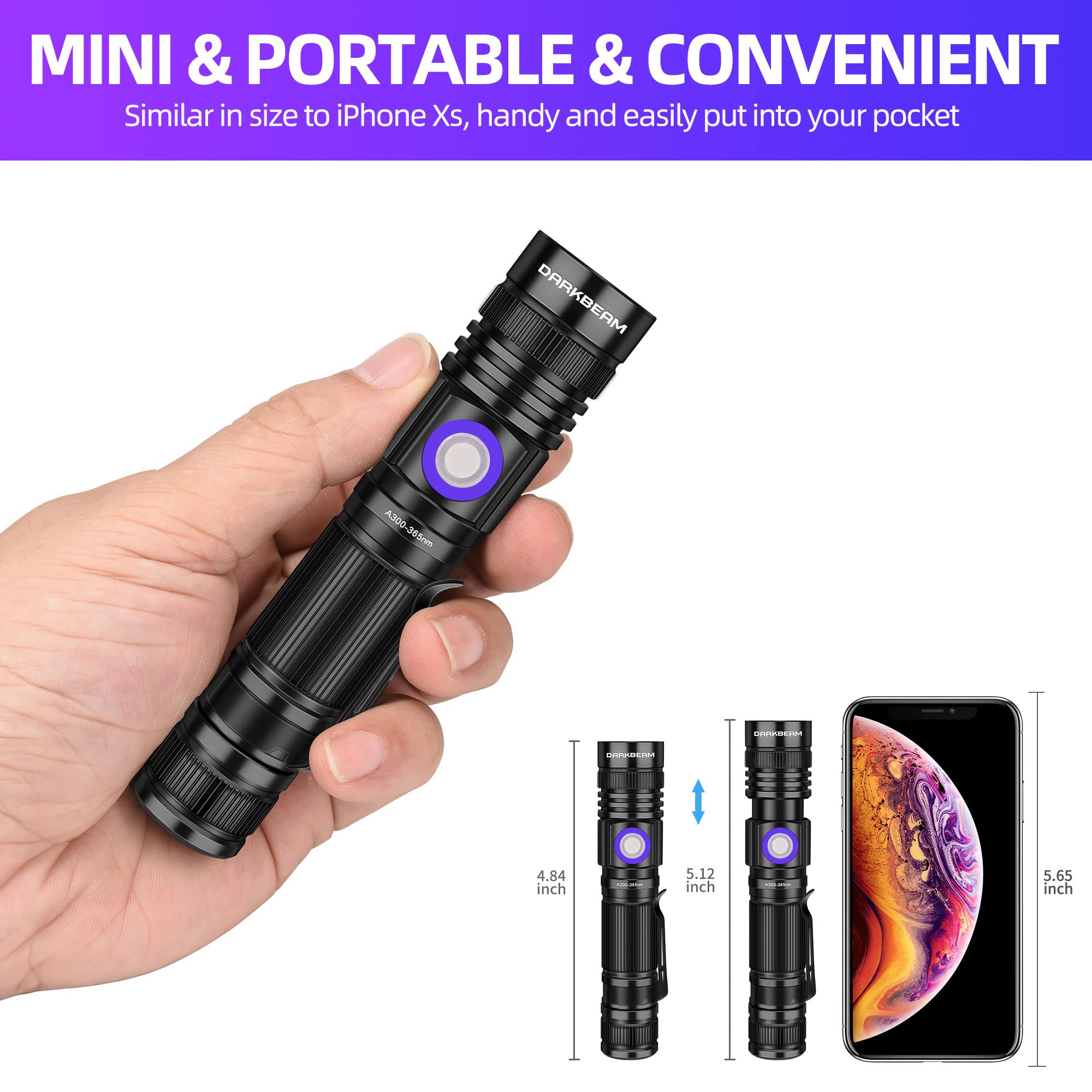 DARKBEAM UV 365nm Rechargeable Flashlight - 2 Pack, Portable Blacklight with Clip, Aluminum, Pet Urine Detector, Model A300-365-02