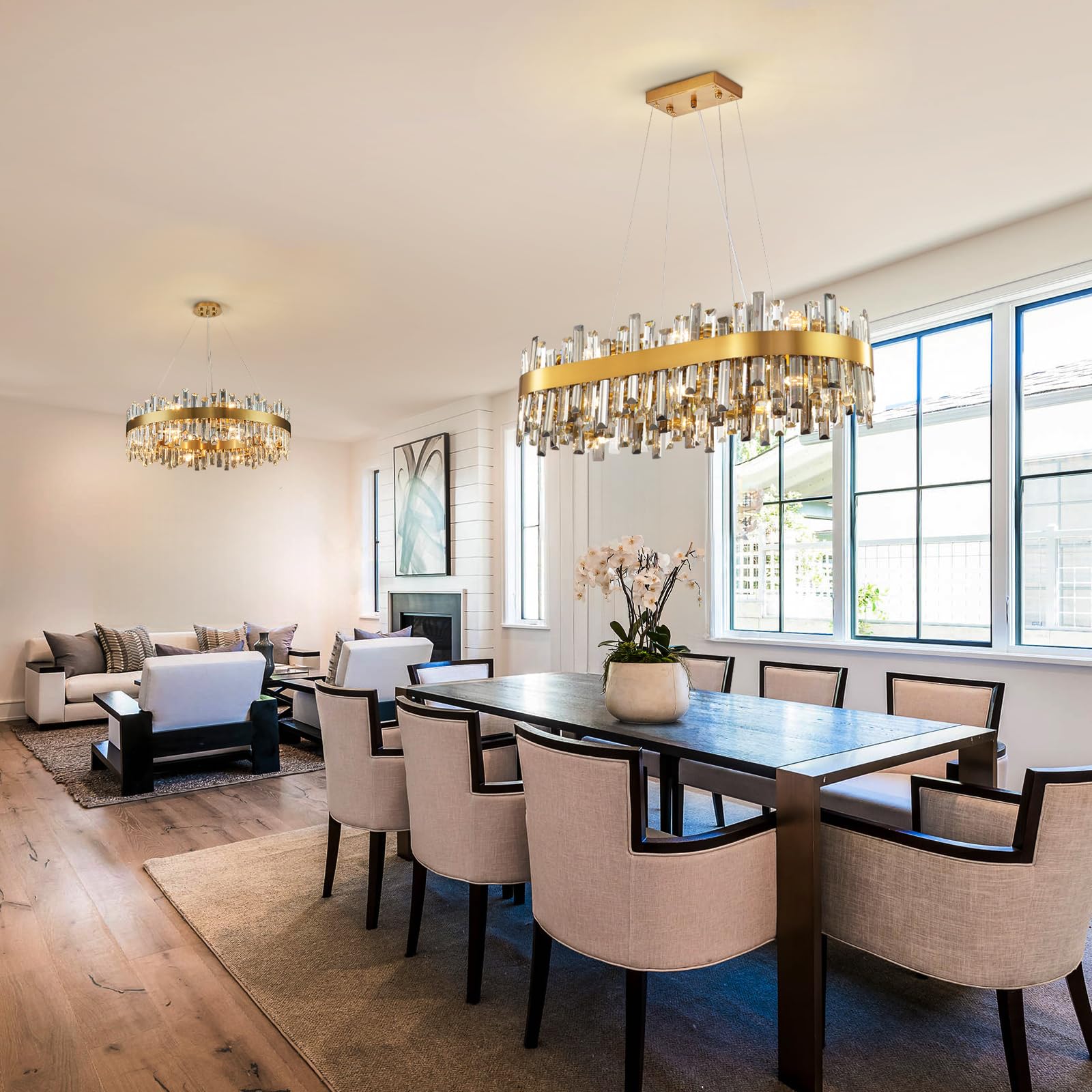Siljoy 35.4in  Gold Oval Crystal Chandelier, 16-Light K9 Crystal, Metal, Clear & Grey, Model FSK0622, Ideal for Dining Room and Kitchen Island