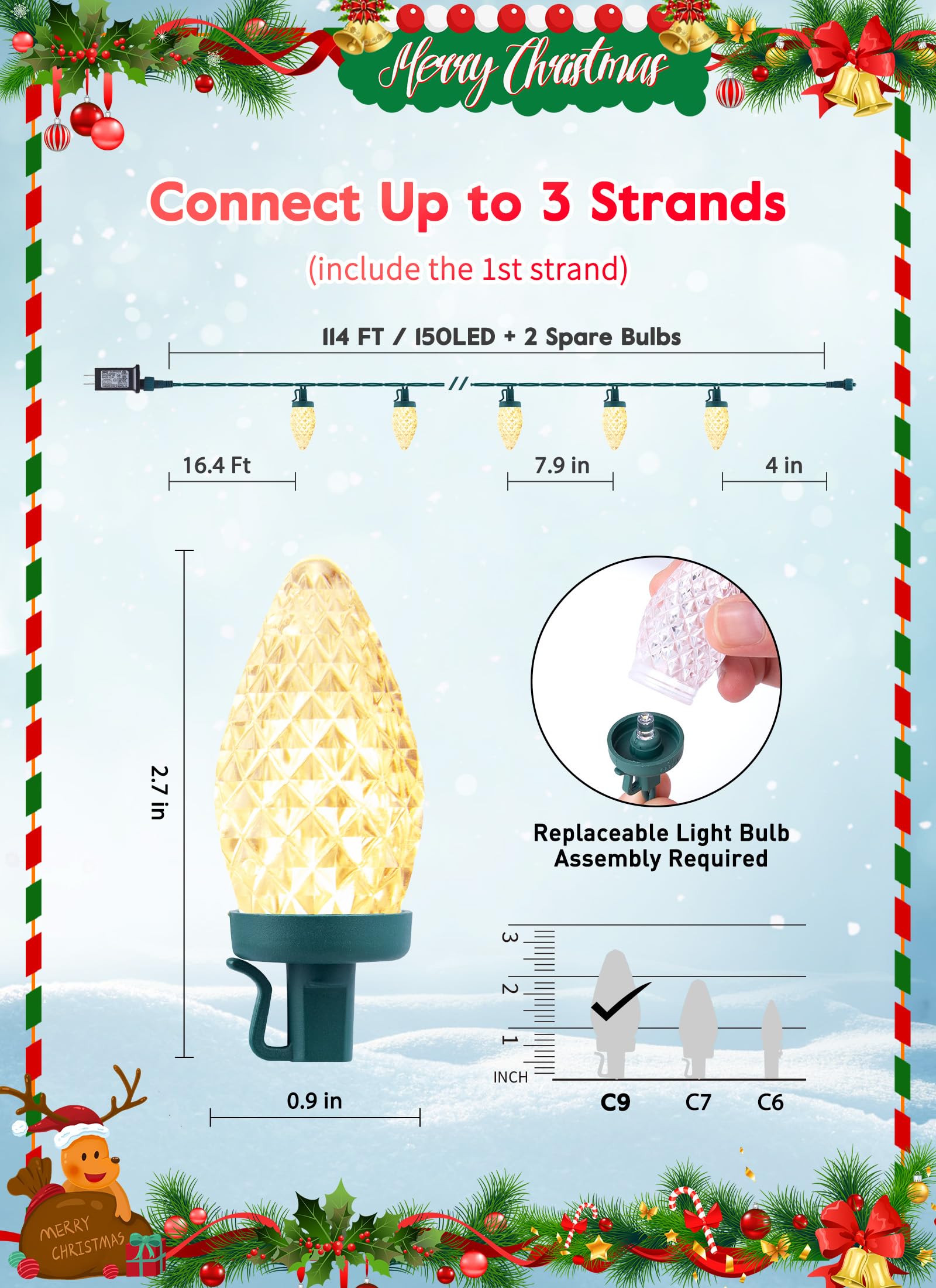 C9 Christmas Lights Outdoor, 114 Feet 150 Led C9 String Lights With Timer & 8 Light Modes, Waterproof Commercial Grade Connectab