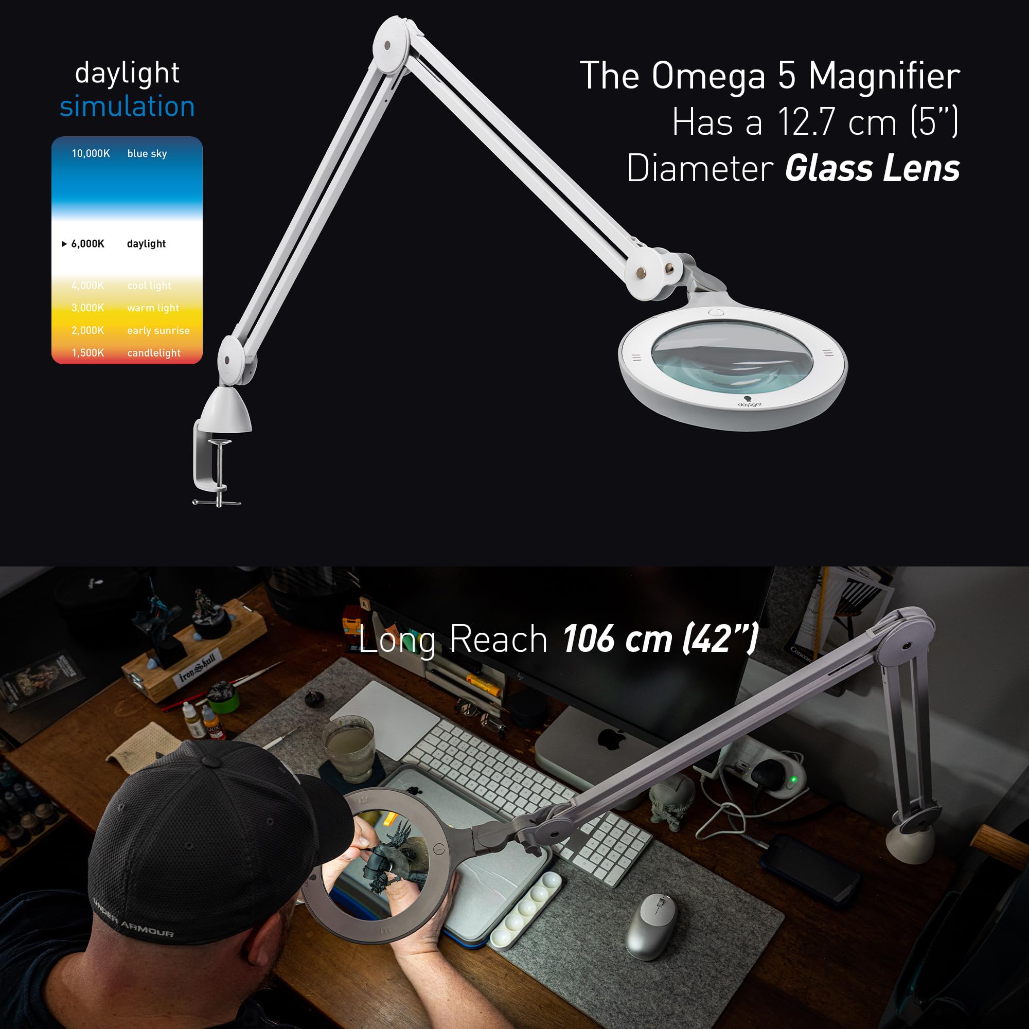 Daylight Omega 5 LED Magnifying Lamp, Adjustable Arm, Dimmer Switch, Metal, Model U25110, Color 15