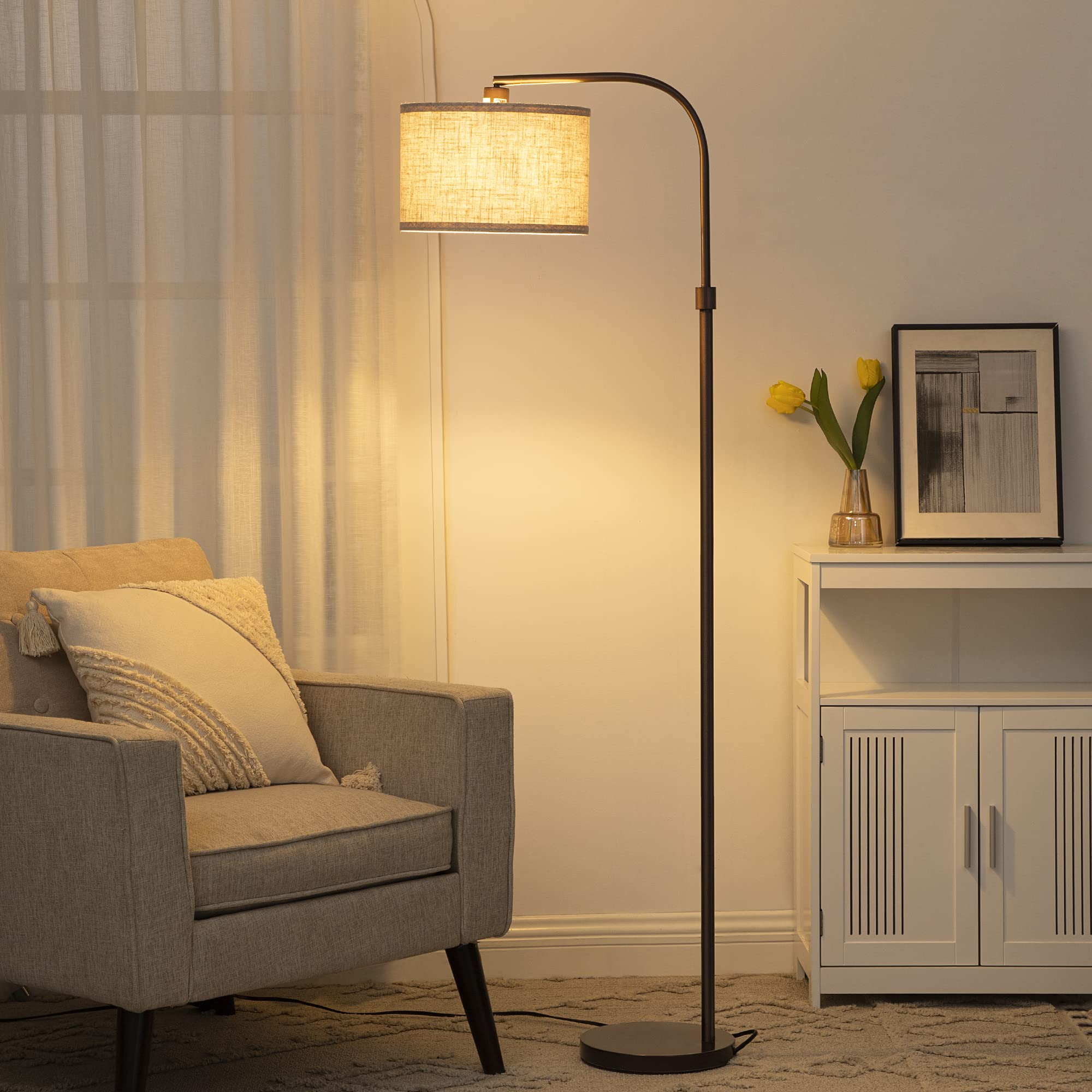 EDISHINE Arched Floor Lamp - Adjustable Linen Shade, Minimalist Design, Bronze Finish, Ideal for Living Room, Bedroom, Office, Model HOFL04G