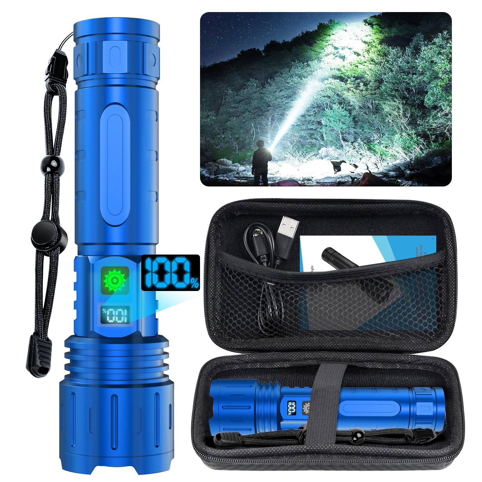 Flashlights High Lumens Rechargeable - 1500 Meters Long Beam Super Bright Led Flash Light With Power Display & Ipx5 Waterproof F