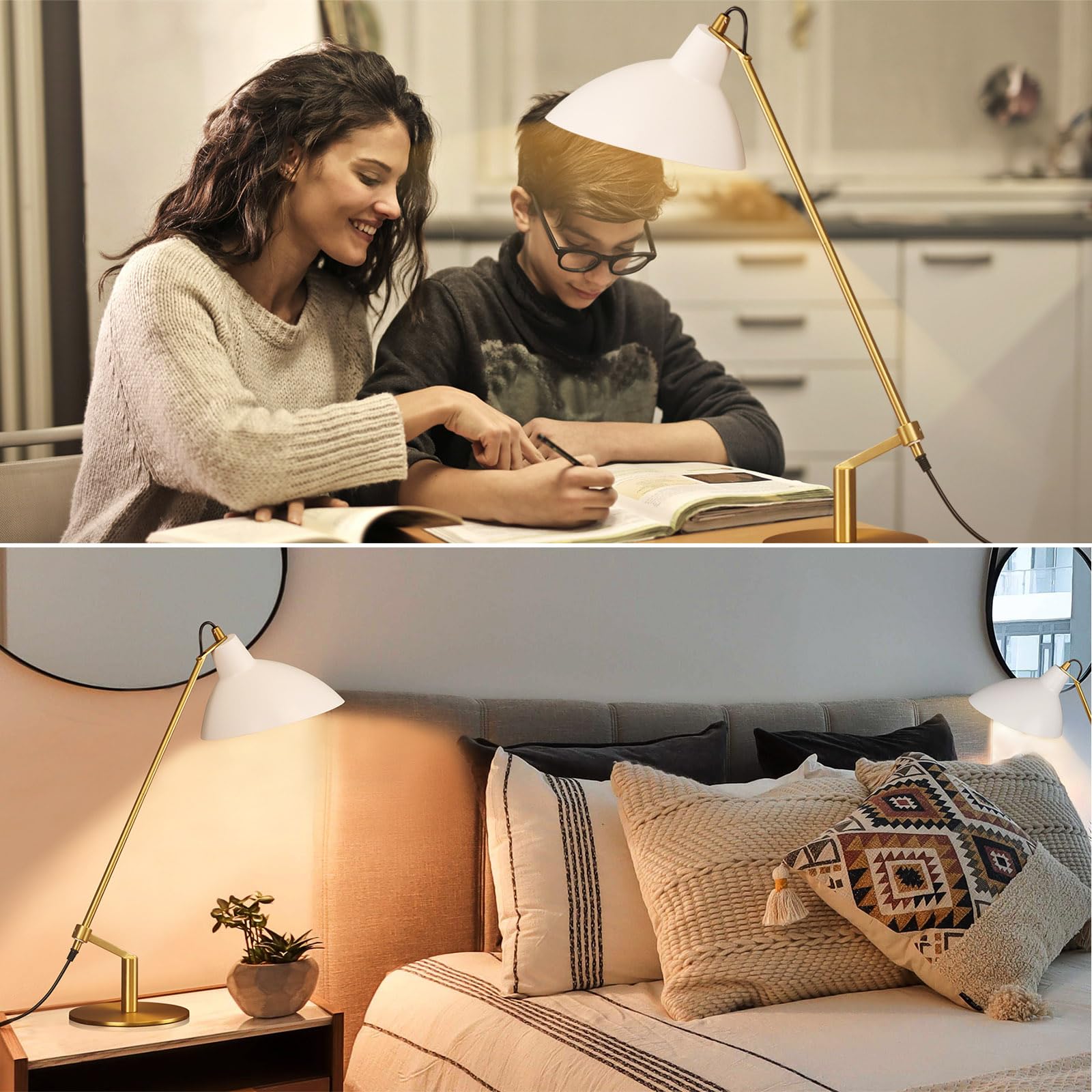 PSDSSHIIS Desk Lamp Modern Industrial 22in Metal Table Lamp Soft White Light 3000K Adjustable Switch White+Brass PS006
