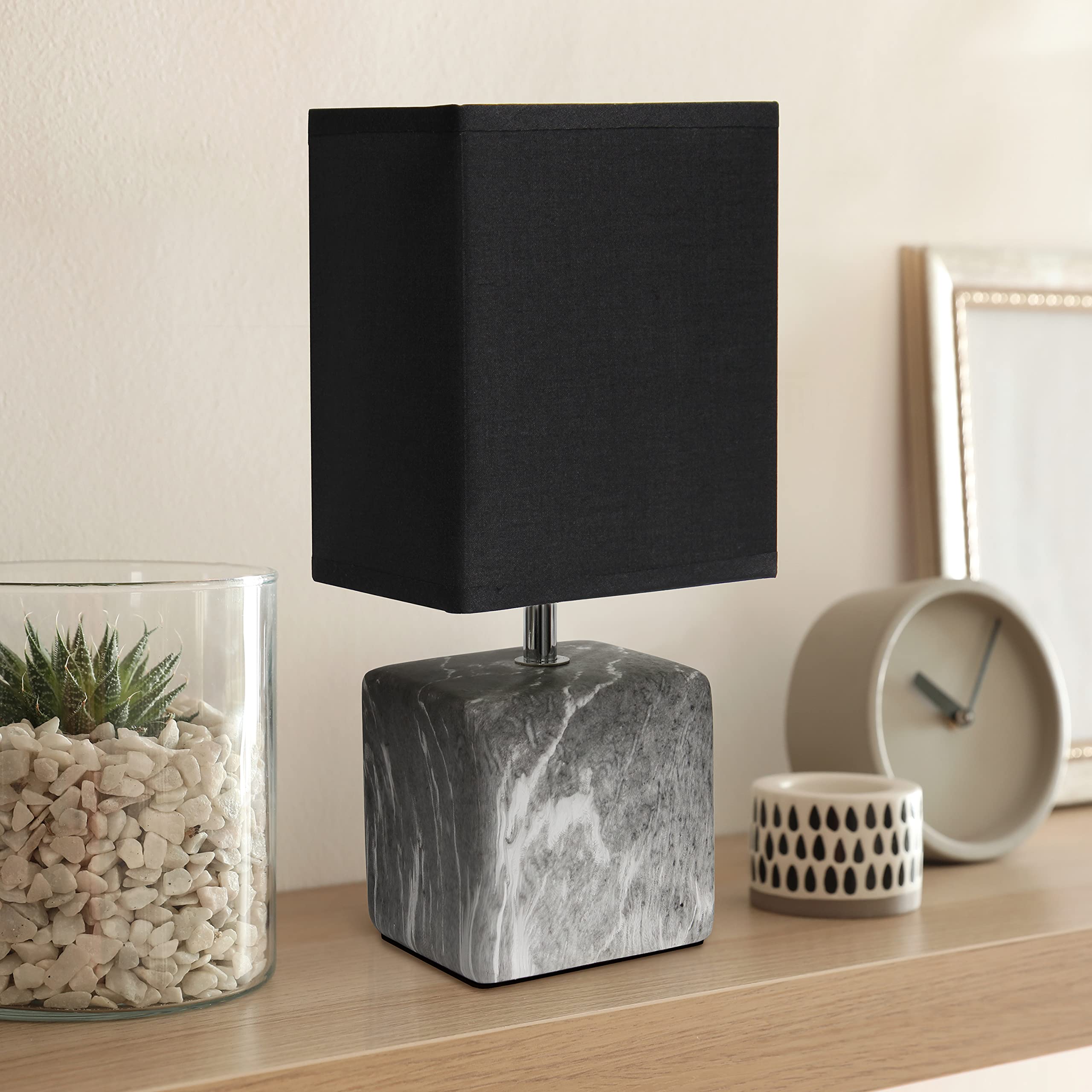 Simple Designs Lt2071-Bob Mini Petite Gray White Marbled Ceramic Bedside Table Lamp With Black Shade