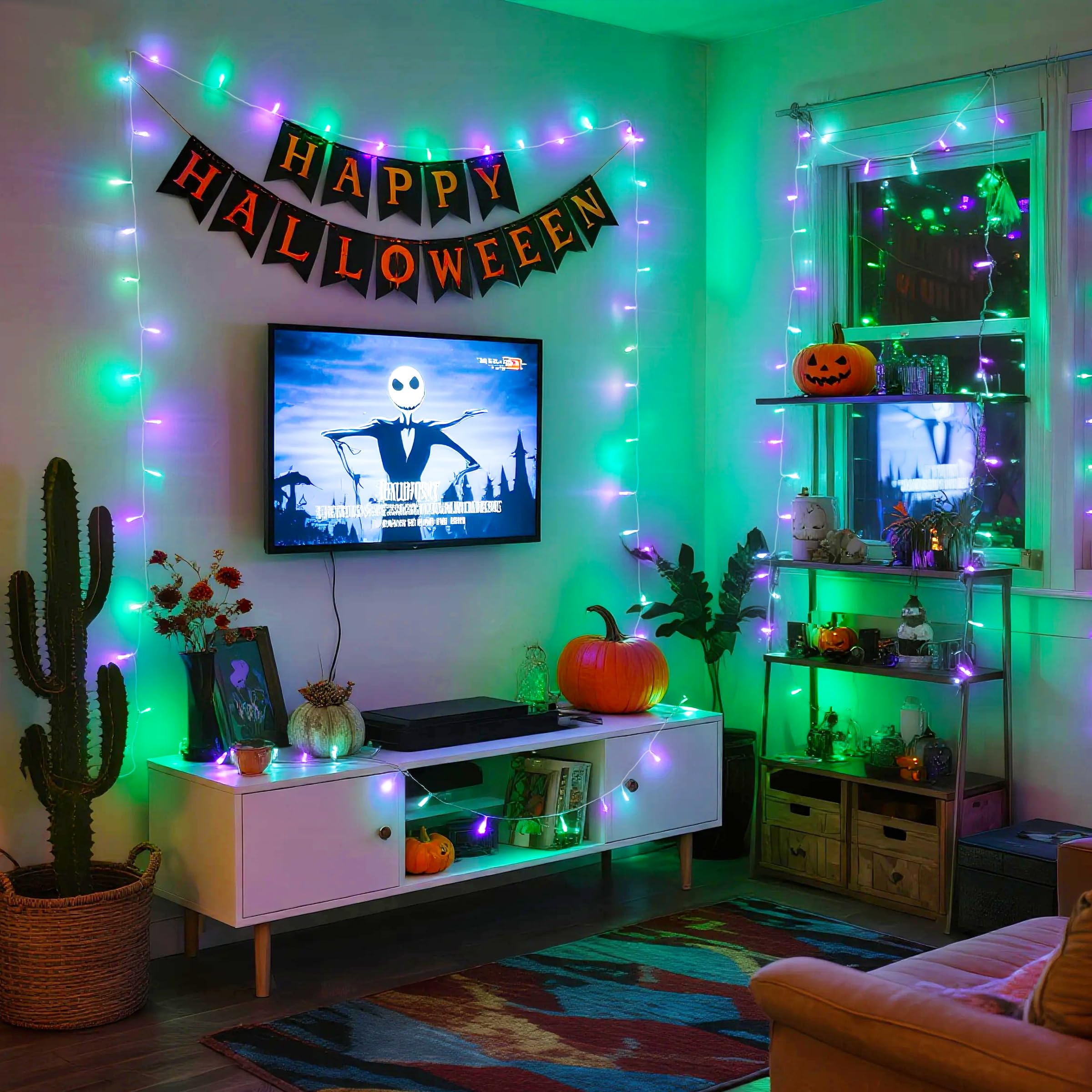 Jmexsuss 2 Pack Purple And Green Halloween Lights  Total 200 Led 8 Modes Halloween String Lights Plug In  Each 33Ft Connectable Christmas Lights Indoor Outdoor For Tree Porch Fireplace Decor