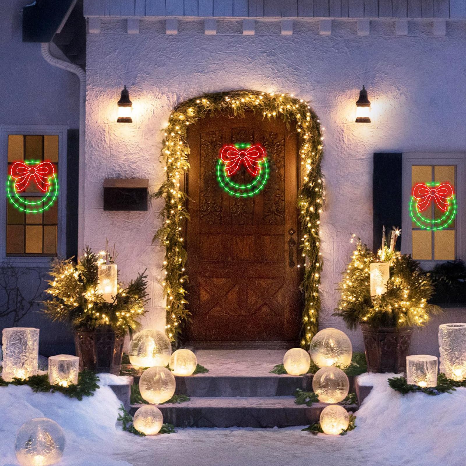 Zimati Christmas Wreath Window Lights Decorations, 2 Packs 14&quot; Christmas Window Lights With Bow, Timer Remote Control Usb Powered Window Silhouette Lights For Door Home Winter Xmas Party