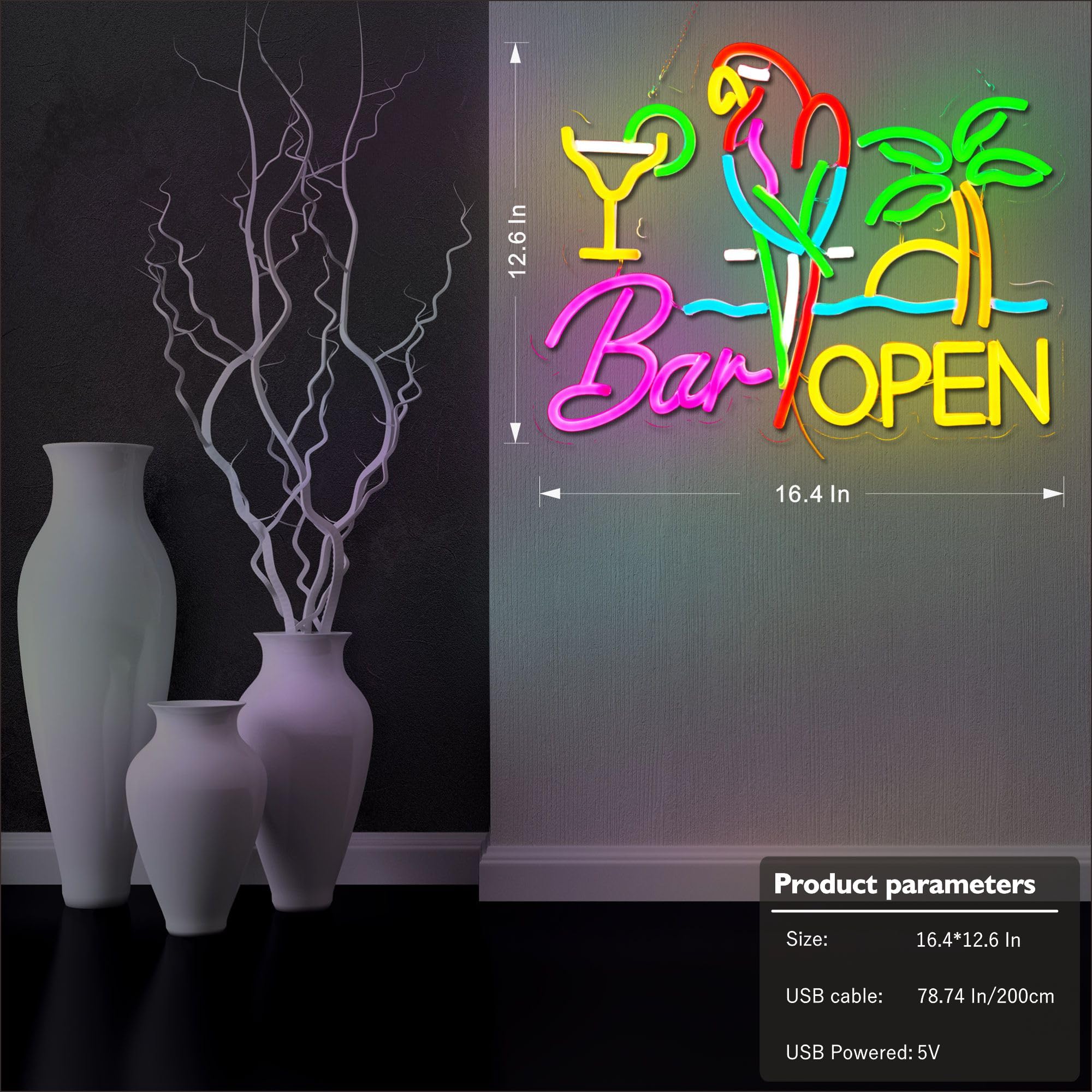 VarLietin Bar Open Neon Sign - LED Wall Decor Light, Dimmable, 16.4 x 12.6 inches, Pink/Red/Green/Blue for Pub, Man Cave