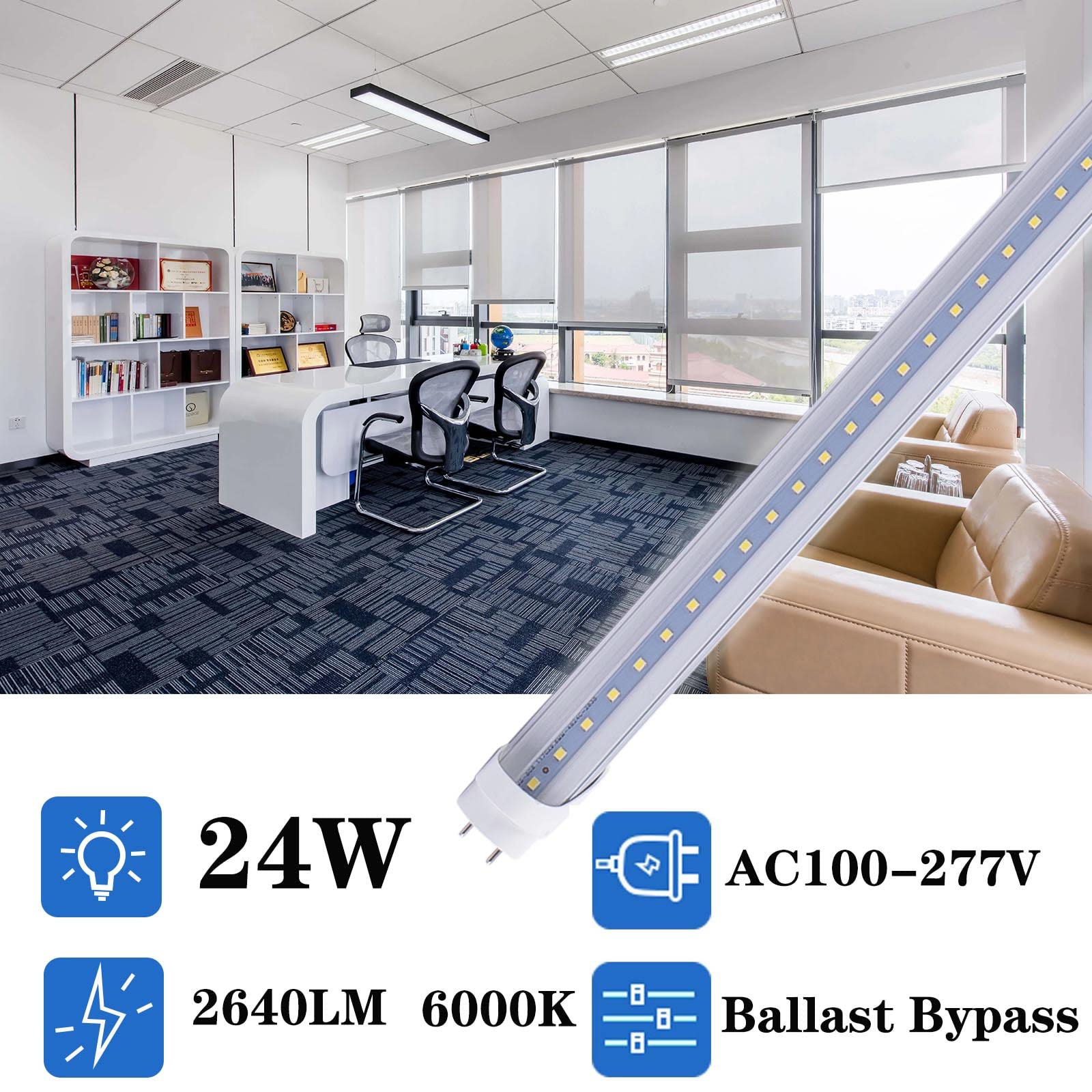 Mkujoo 25Pcs 4Ft 24W T8 Led Tube Light White Daylight 6000K 4' Led Bulbs Garage Warehouse Shop Light Ballast Bypass G13 Base T10