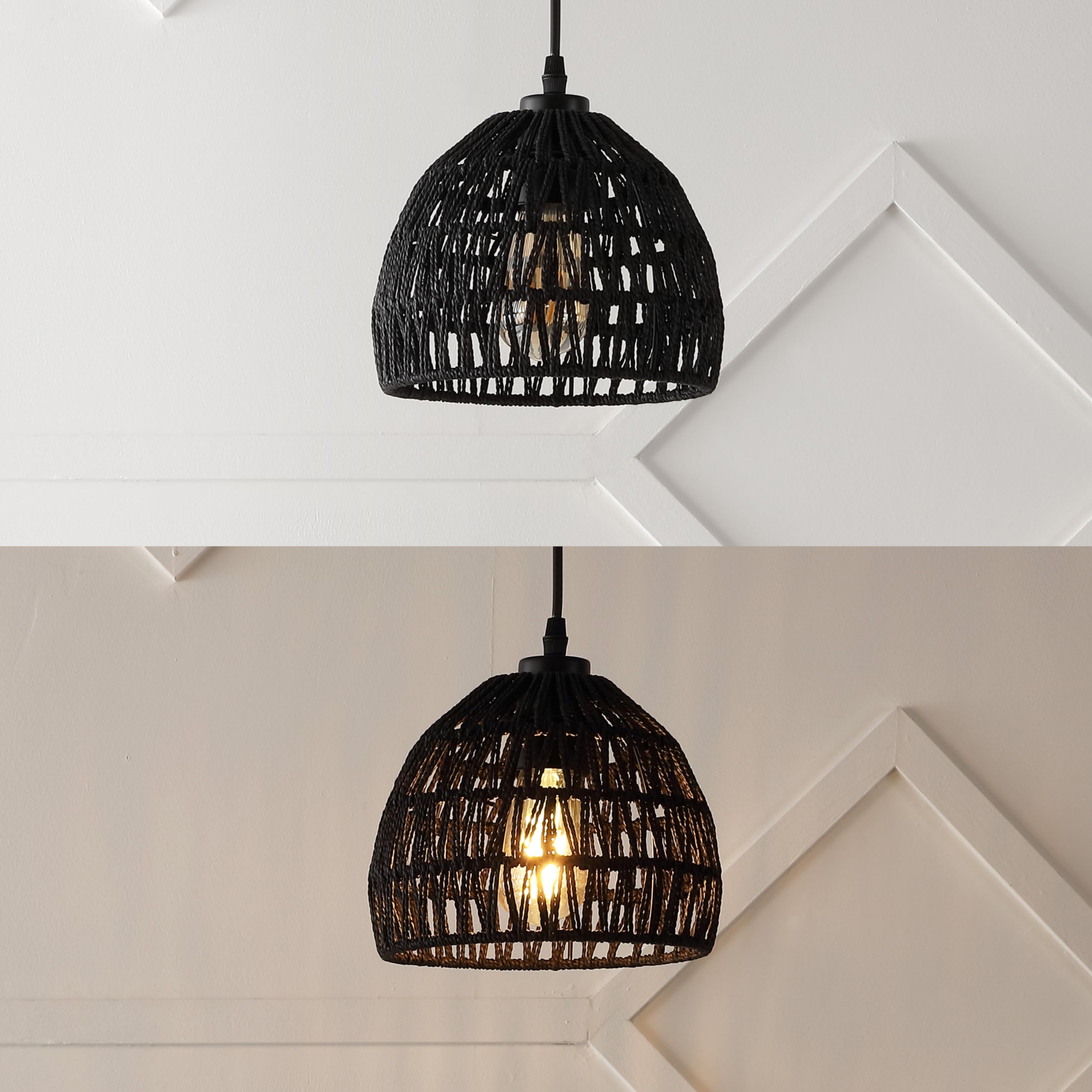 JONATHAN Y JYL6512B 1-Light Bohemian Modern Pendant, 8.25in Woven Rope/Iron, Black