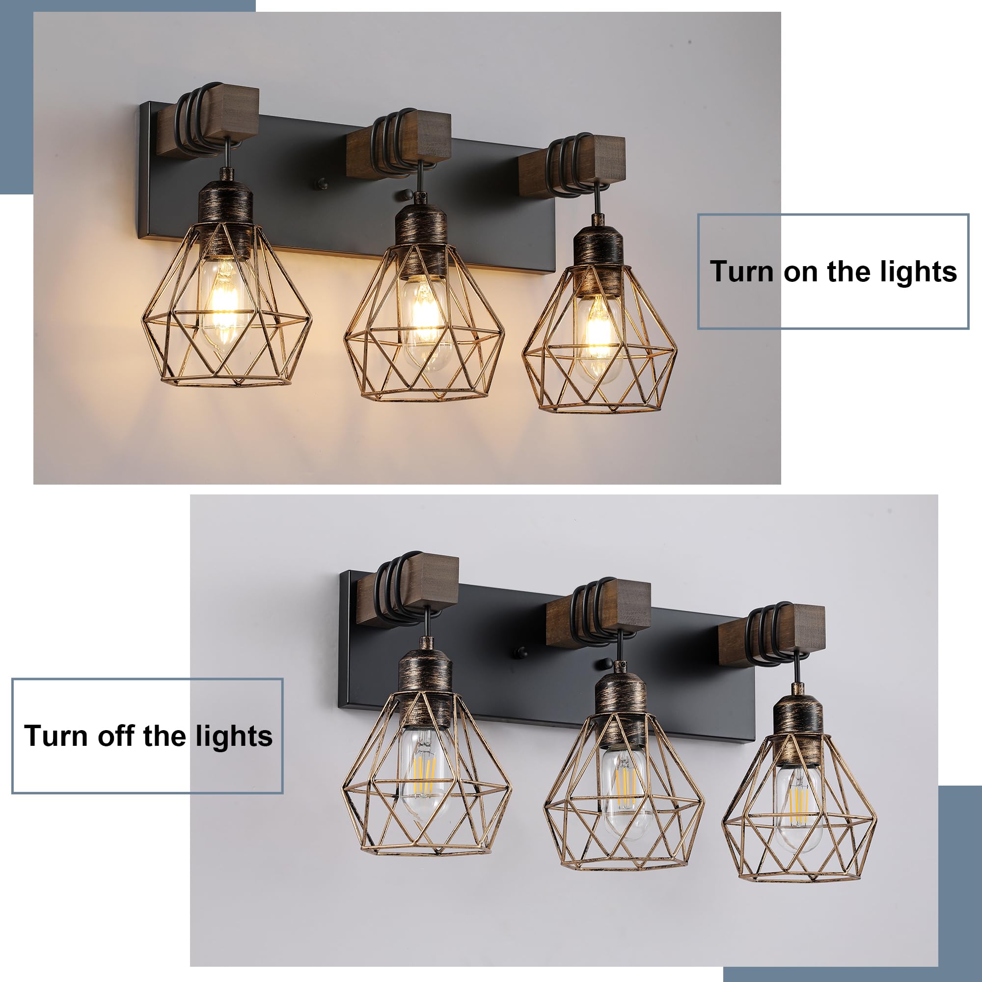 Farmhouse Bathroom Light Fixtures, 3-Light Bathroom Lighting Fixtures Over Mirror, Rustic Wood Black Gold Vanity Lights Wall Sco