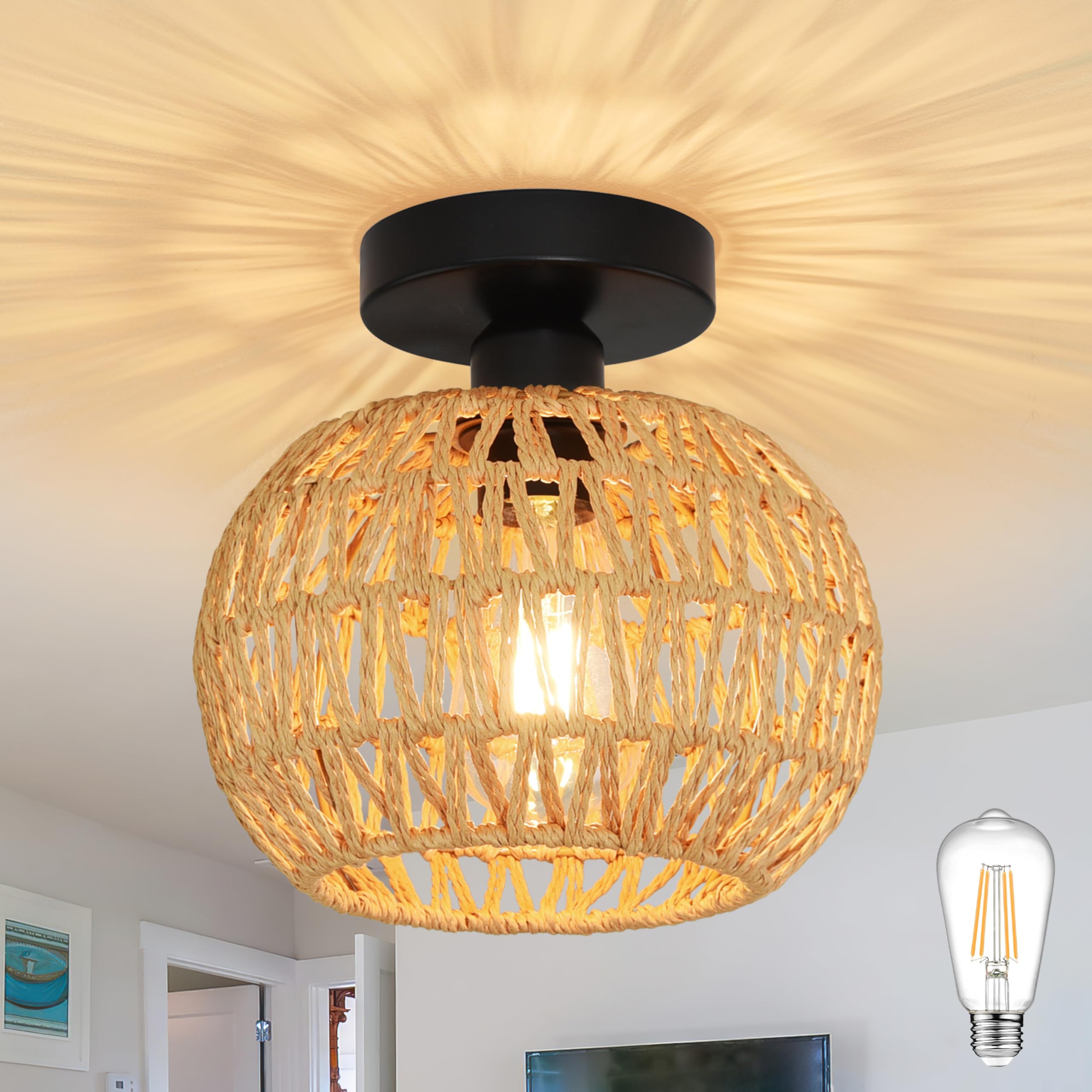 Ayshwilldec 8.7 Inch Mini Rattan Ceiling Light Fixture - Boho Wicker Flush Mount With Hand Woven Shade For Hallway Bedroom