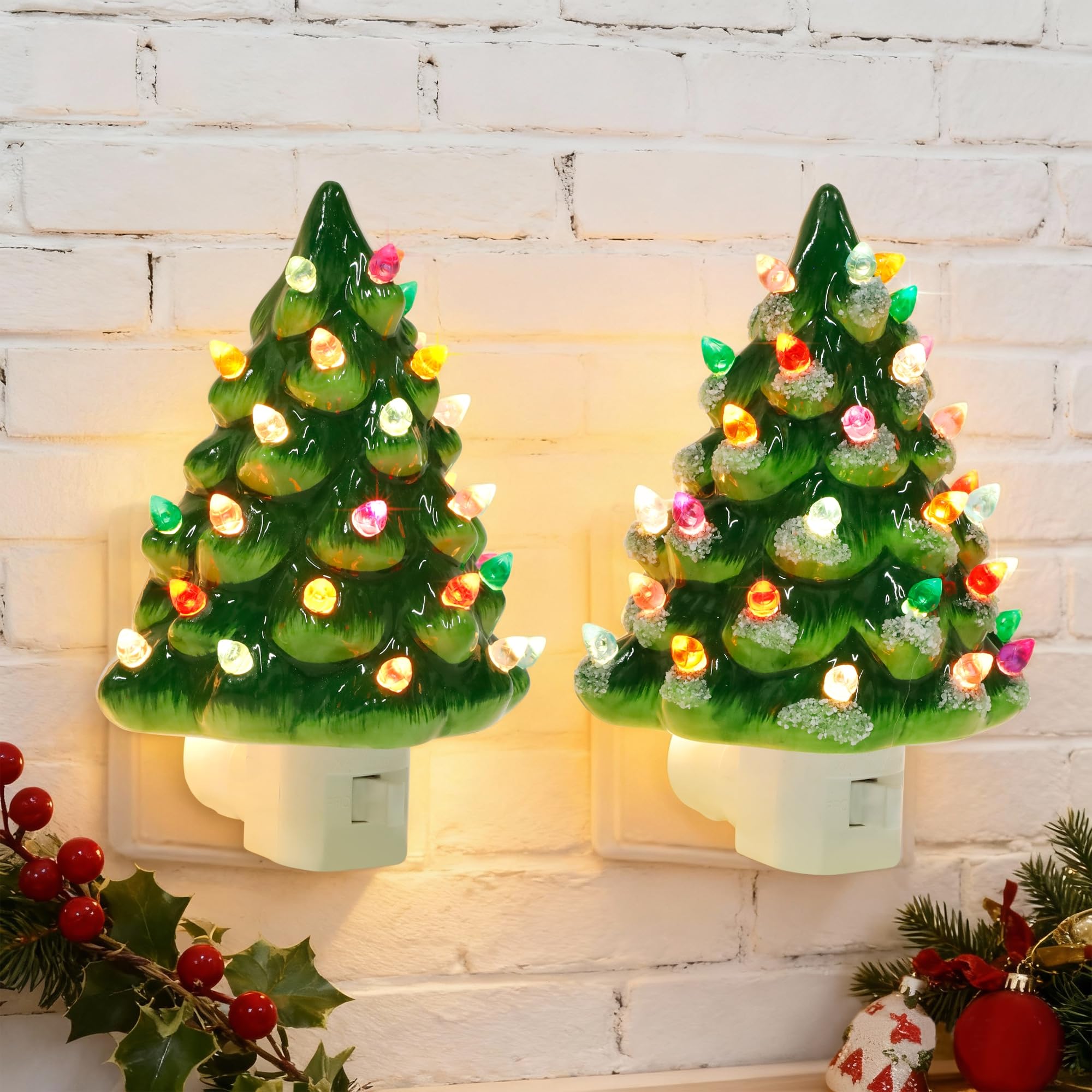 Blissun Christmas Night Light, Ceramic Tree Decor 6 Inch with Multicolor Bulbs, 360 Swivel Plug & On/Off Switch for Bedroom, Hom
