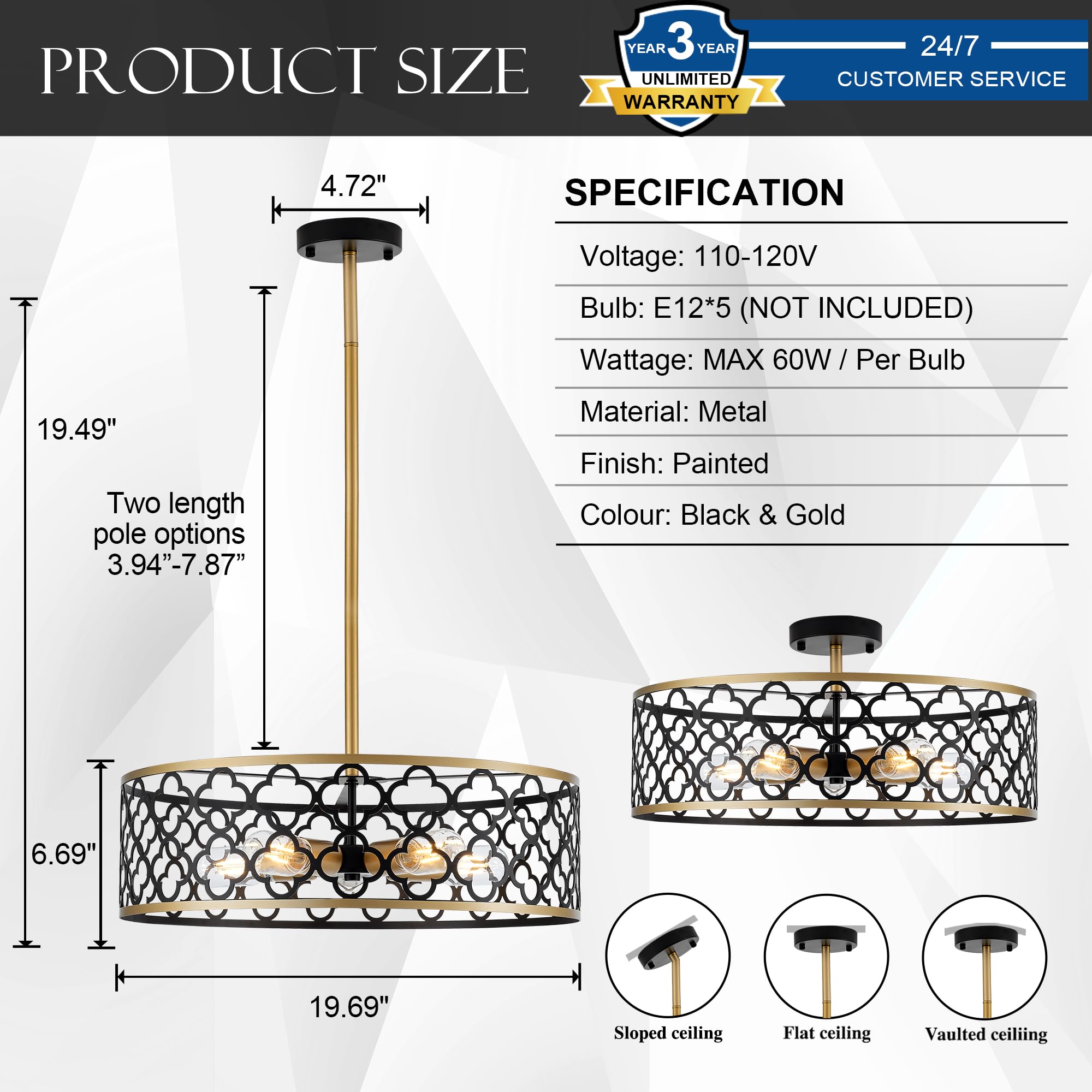 Salaiwei 5-Light Drum Chandeliers For Dining Room,19.7'' Rustic Farmhouse Dining Room Light Fixture, Black&Gold Metal Hanging Pe