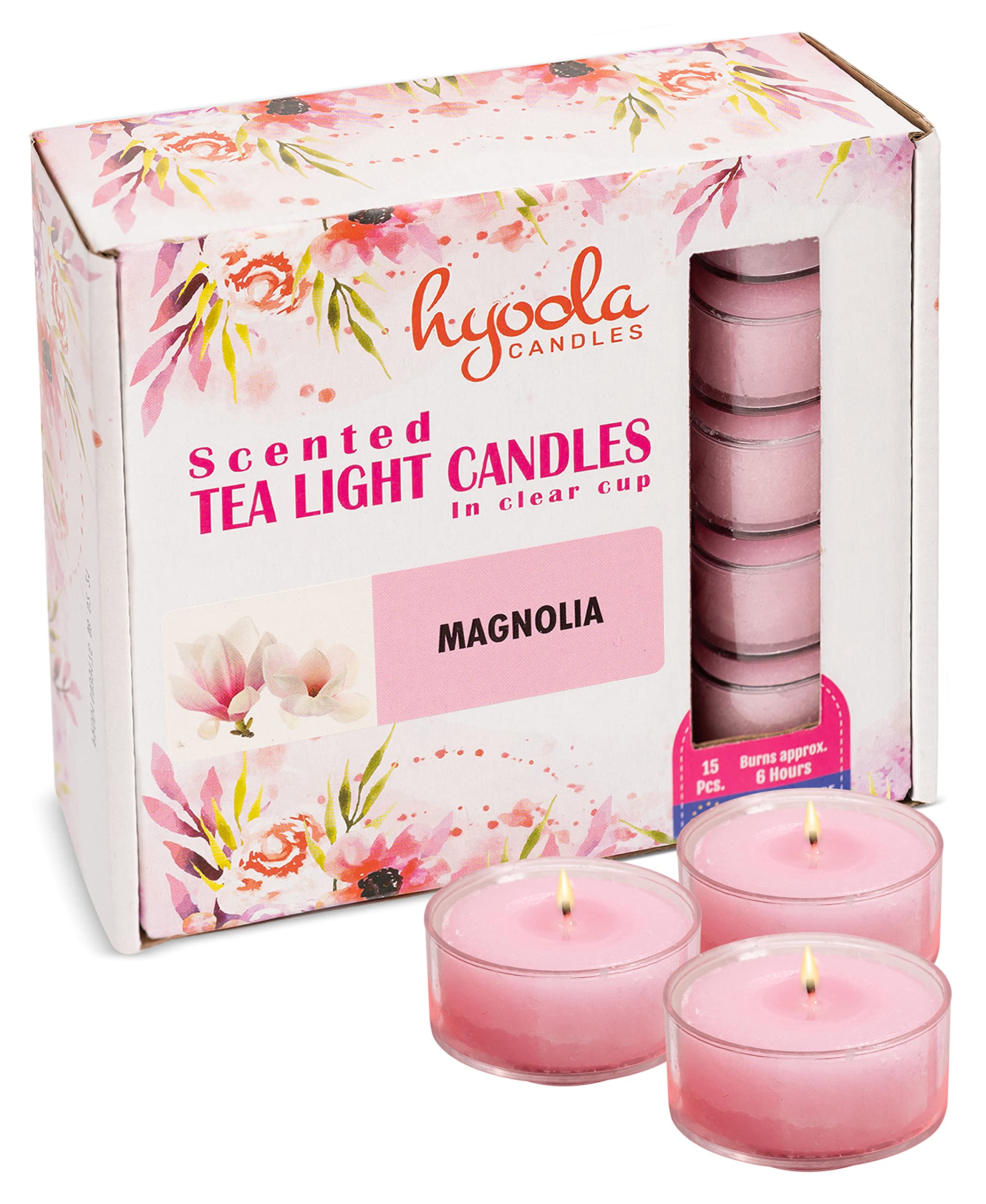 Hyoola Scented Tealight Candles - Clear Cup - Magnolia Tealight Candles Scented - 6 Hour Burn Time - 15 Pack - European Made