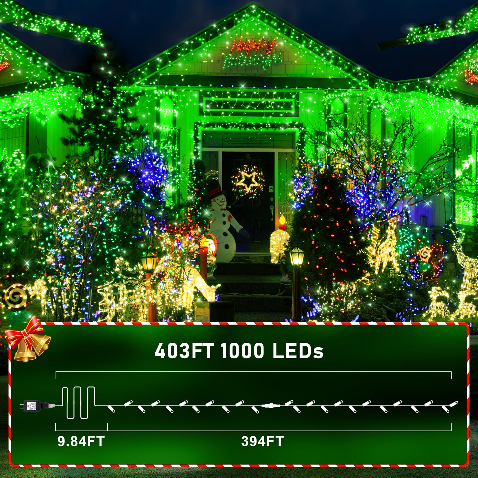 KNONEW LED String Lights 1000 Lights 403ft Waterproof Green Fairy Light 8 Modes & Timer for Outdoor Christmas Decorations Model 68KN-168LIG-NIU
