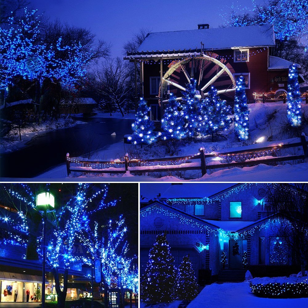 FULLBELL Fairy Lights 33ft 100 LED Outdoor String Lights, Blue, Memory Modes, Extendable, Transparent Wire, Perfect for Weddings and Parties