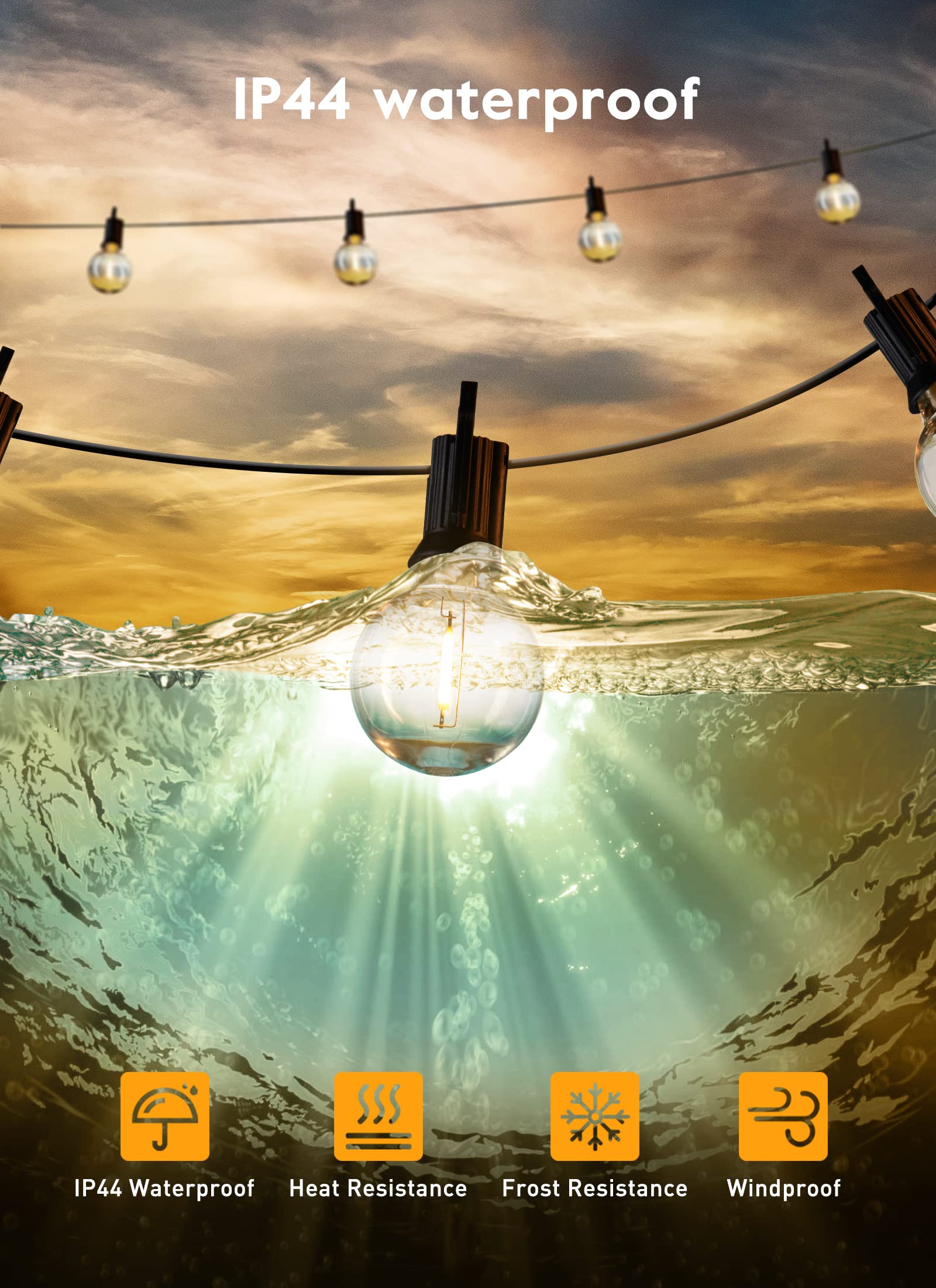 Brightown LED G40 Outdoor String Lights, 100FT, 104 Shatterproof Bulbs, Warm White, Weatherproof, E12 Socket, Model e73ccb11-45ab-443