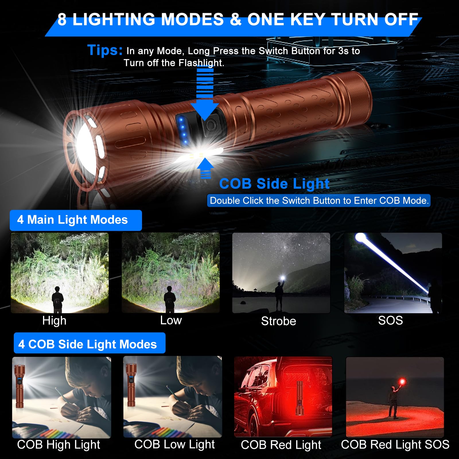 Banral Rechargeable Magnetic Flashlights 100,000 Lumens, 8 Modes, Waterproof, Aluminum, Brown, Model K-2303-B, 2 Pack with Leather Box