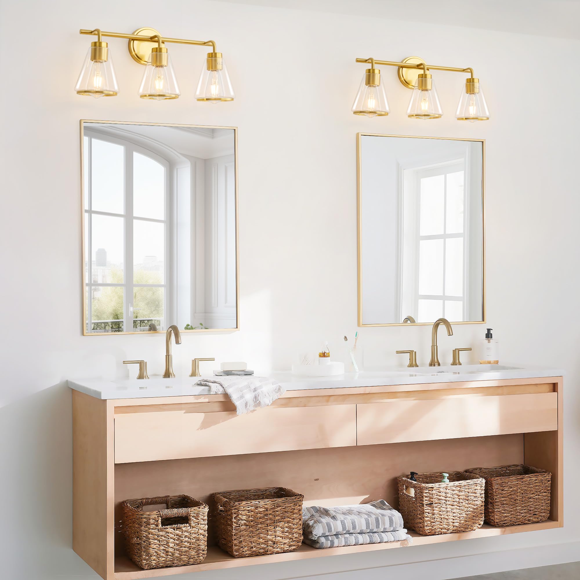Nadosa Gold Vanity Light Bathroom Light Fixtures Over Mirror 3 Lights Bathroom Vanity Lights With Clear Glass Shade 22 Inch Modern Wall Sconce Bathroom Lights For Bath