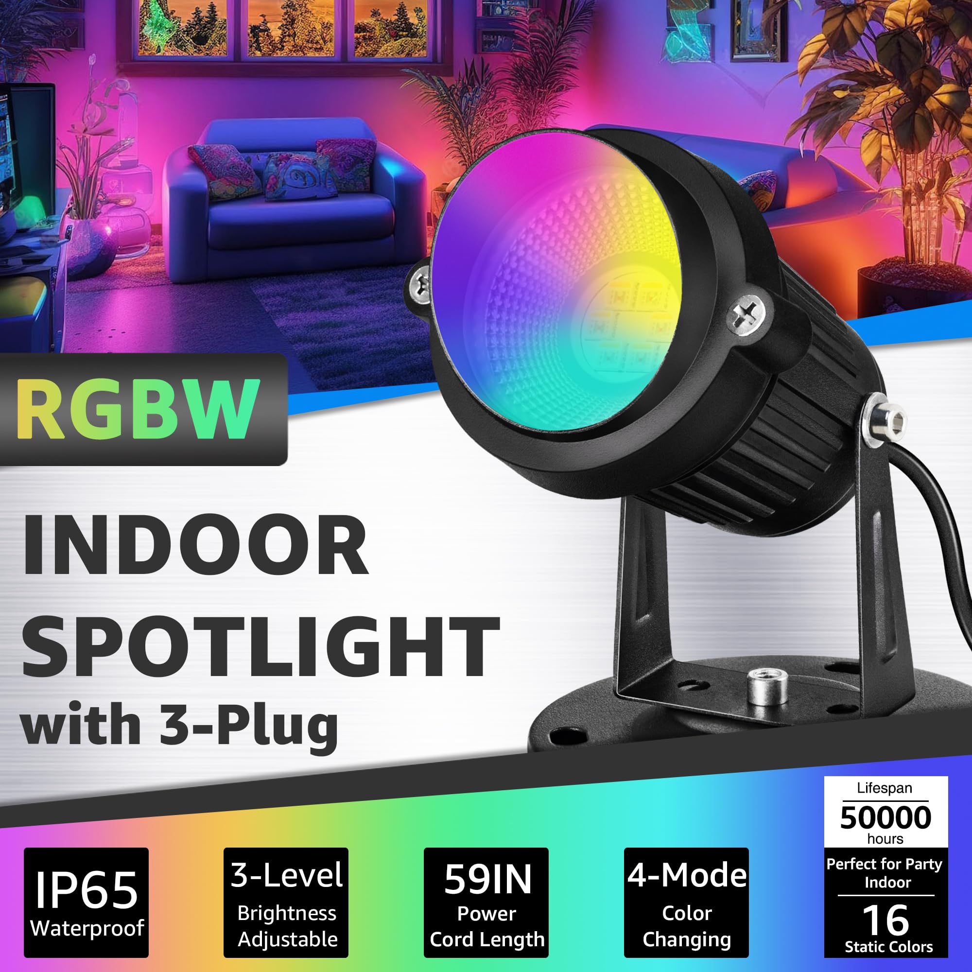SUNVIE RGBW Christmas Spot Lights, 6W Indoor Uplighting with Remote, Black, Model SHRS0502, 2 Pack