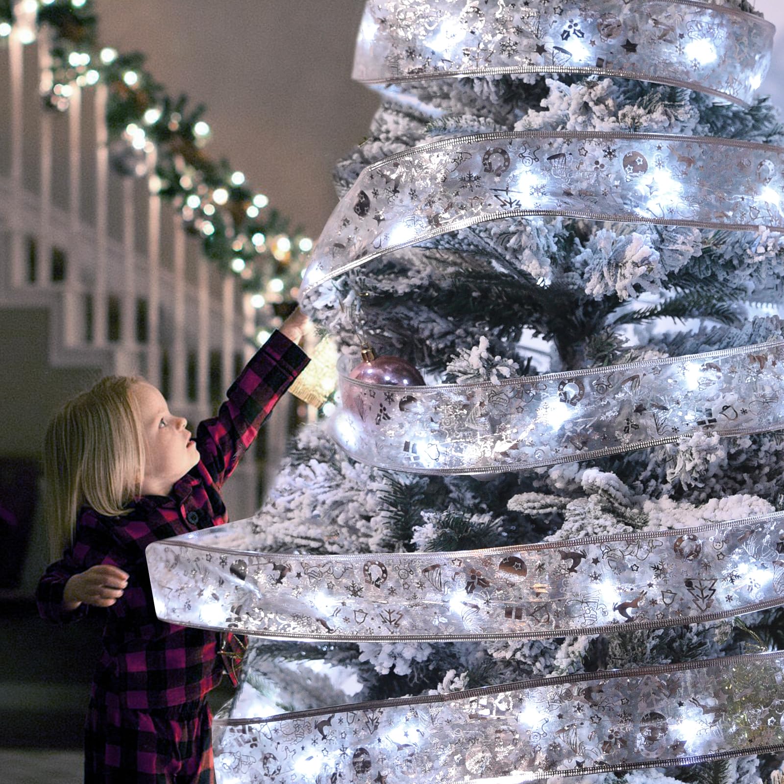 Dailyart Christmas Tree Ribbon Lights, 100 LED Fairy Lights, 46FT, Cool White, Battery Operated & USB Powered, 8 Modes, Model 52