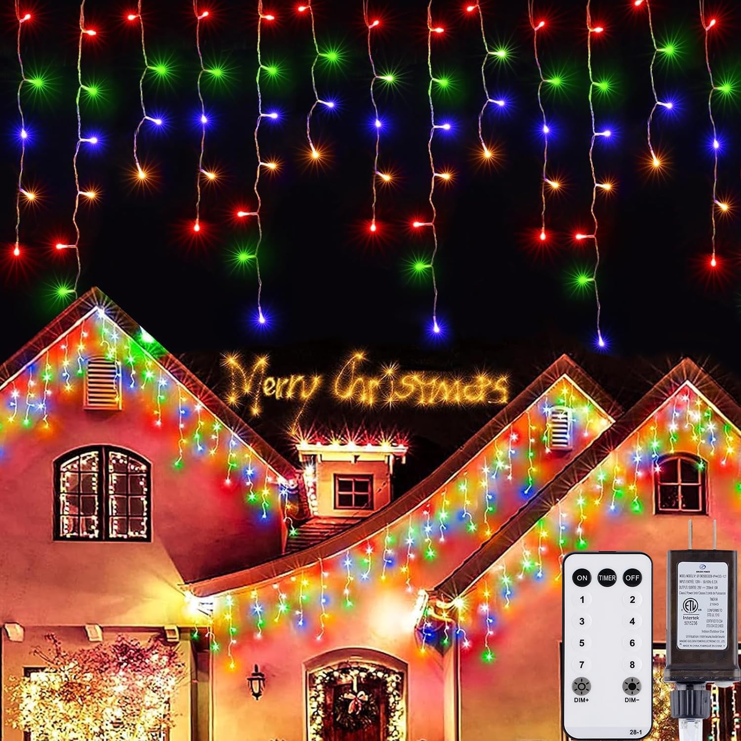 Brightown Christmas Icicle Lights, 33FT, 384 LED, 8 Modes, Waterproof, Multicolor, Model JT-EL/FC300V0300-D1