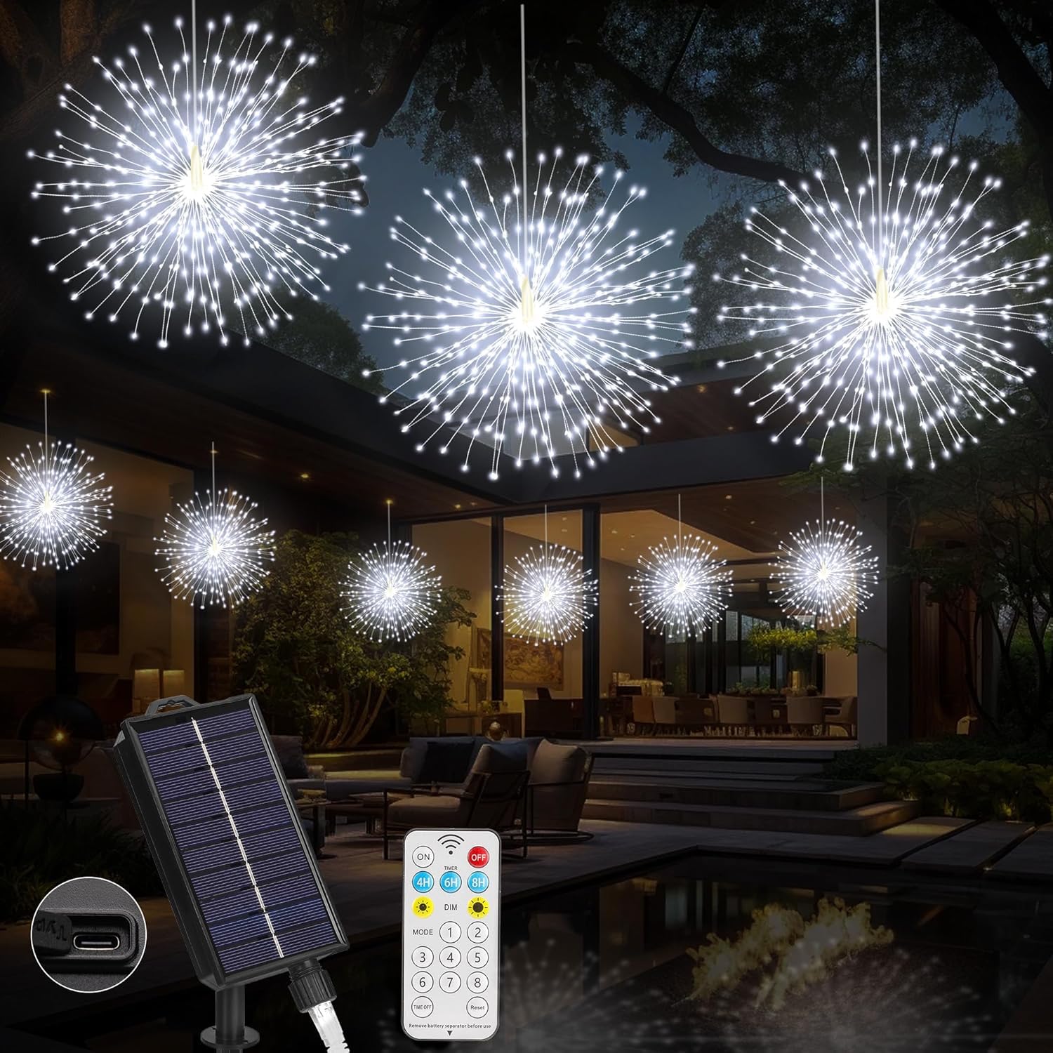 LERTDAI Solar Christmas Firework Lights Outdoor  600 LED Starburst Light Outdoor with USB Rechargerable  8 Modes Waterproof Solar Hanging Lights for Yard Party Christmas Decorations(White  600 LED)