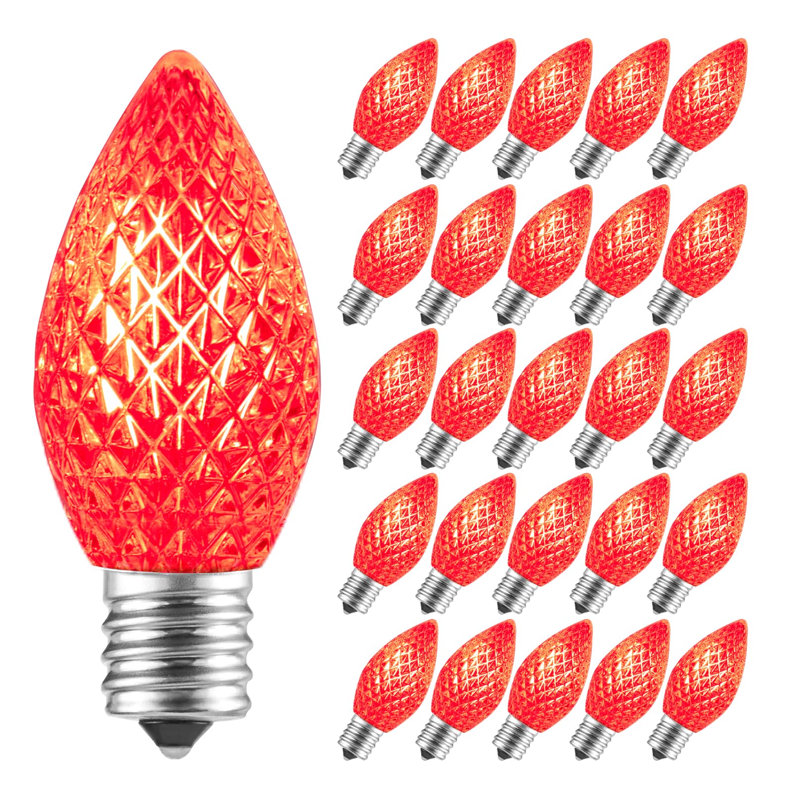 Minetom C7 LED Christmas Lights, Shatterproof, E12 Base, 25 Pack, Red Bulbs