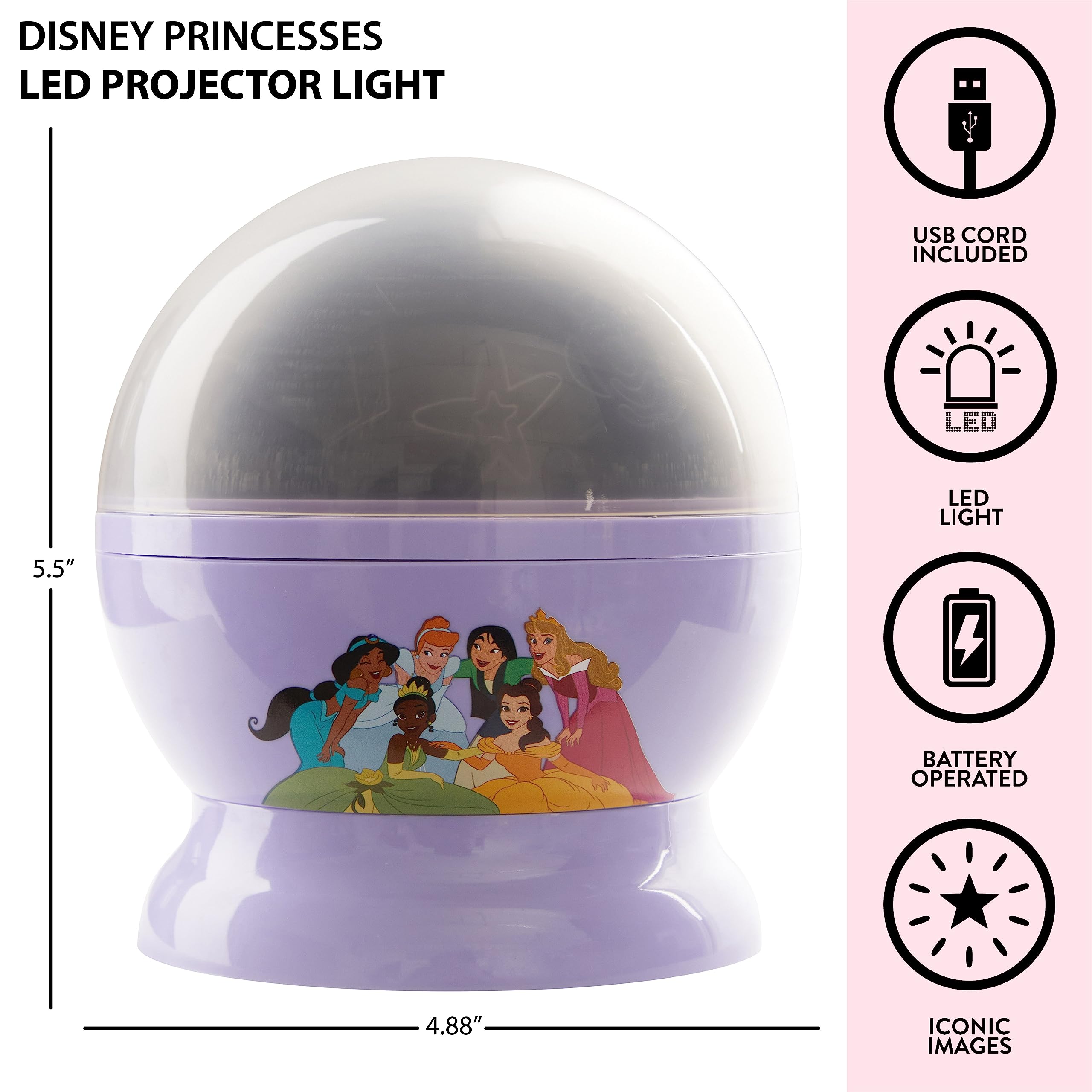 Idea Nuova Disney Princess Rotating LED Projection Kids Lamp, 4.88"x4.88"x5.5", Pink Nightlight, Model K321717