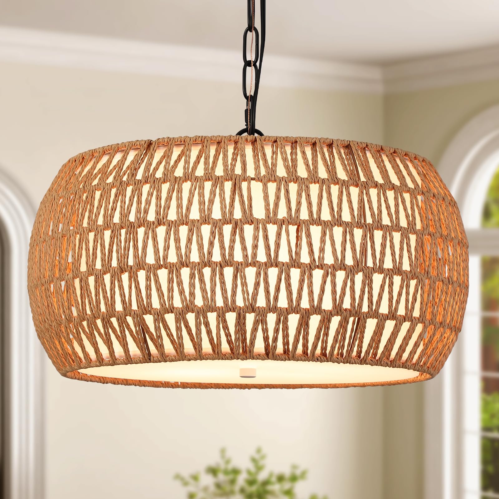 MEIXISUE Boho Chandeliers for Dining Room,Rattan Chandeliers with Fabric Shade,Farmhouse Dining Room Light Fixtures,Kitchen Isla