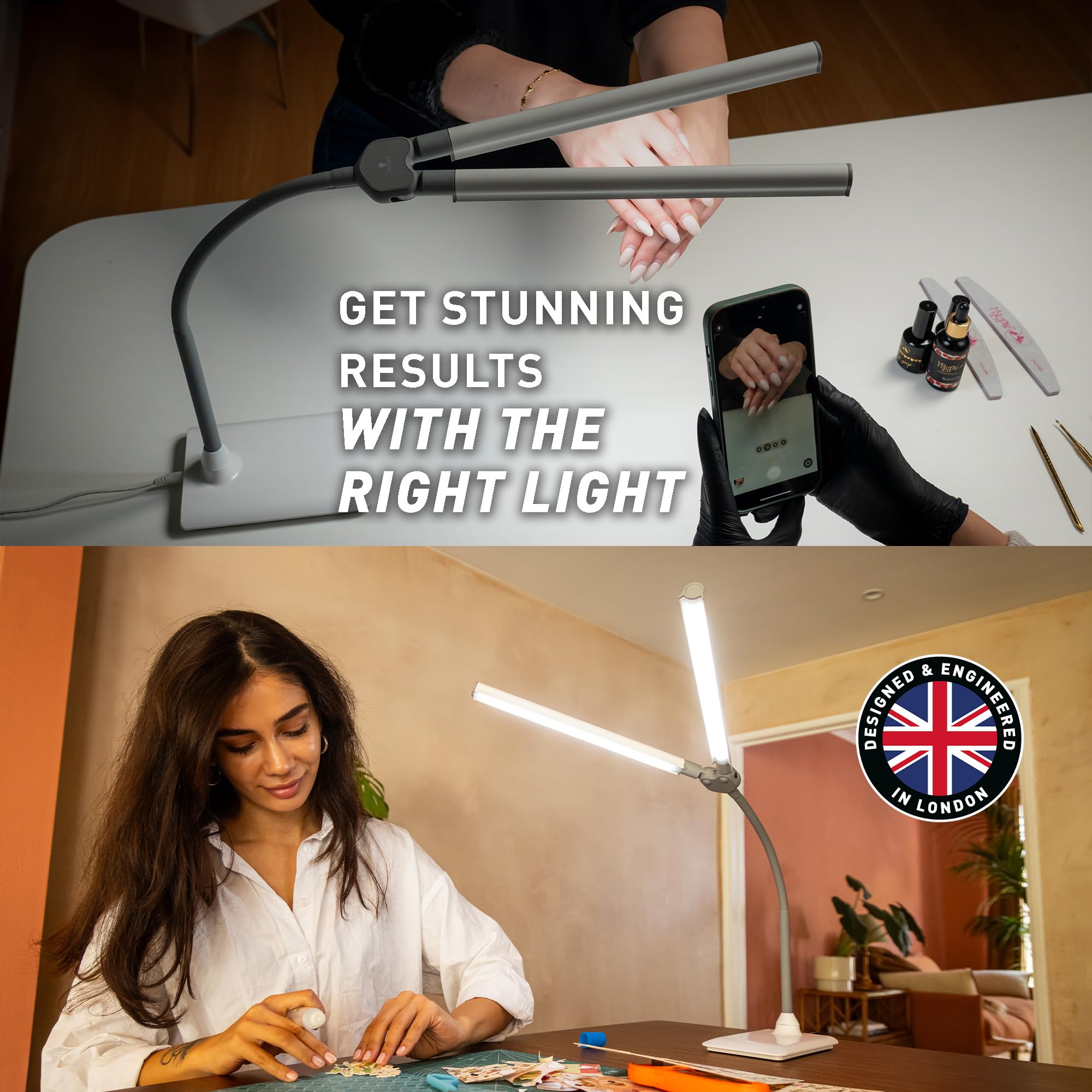 Daylight Duoprotable Lamp - Double Shade Led Task Lamp, 4 Brightness Levels, 6,000K, 2,100 Lux, Anti-Glare, Flexible Arm, Touch