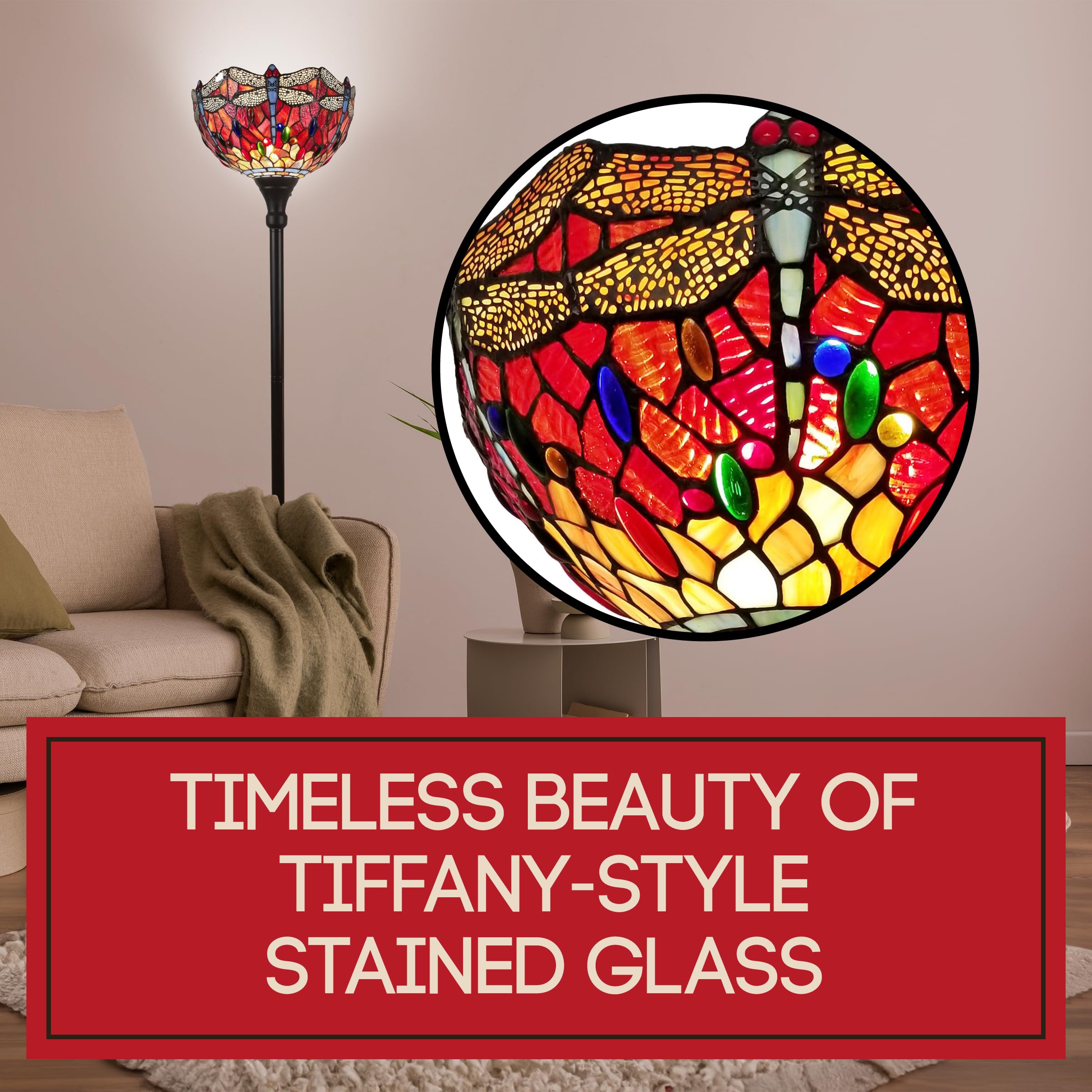 Amora Tiffany Floor Lamp - 74” Dragonfly Stained Glass, Multicolor, Model AM040FL14B