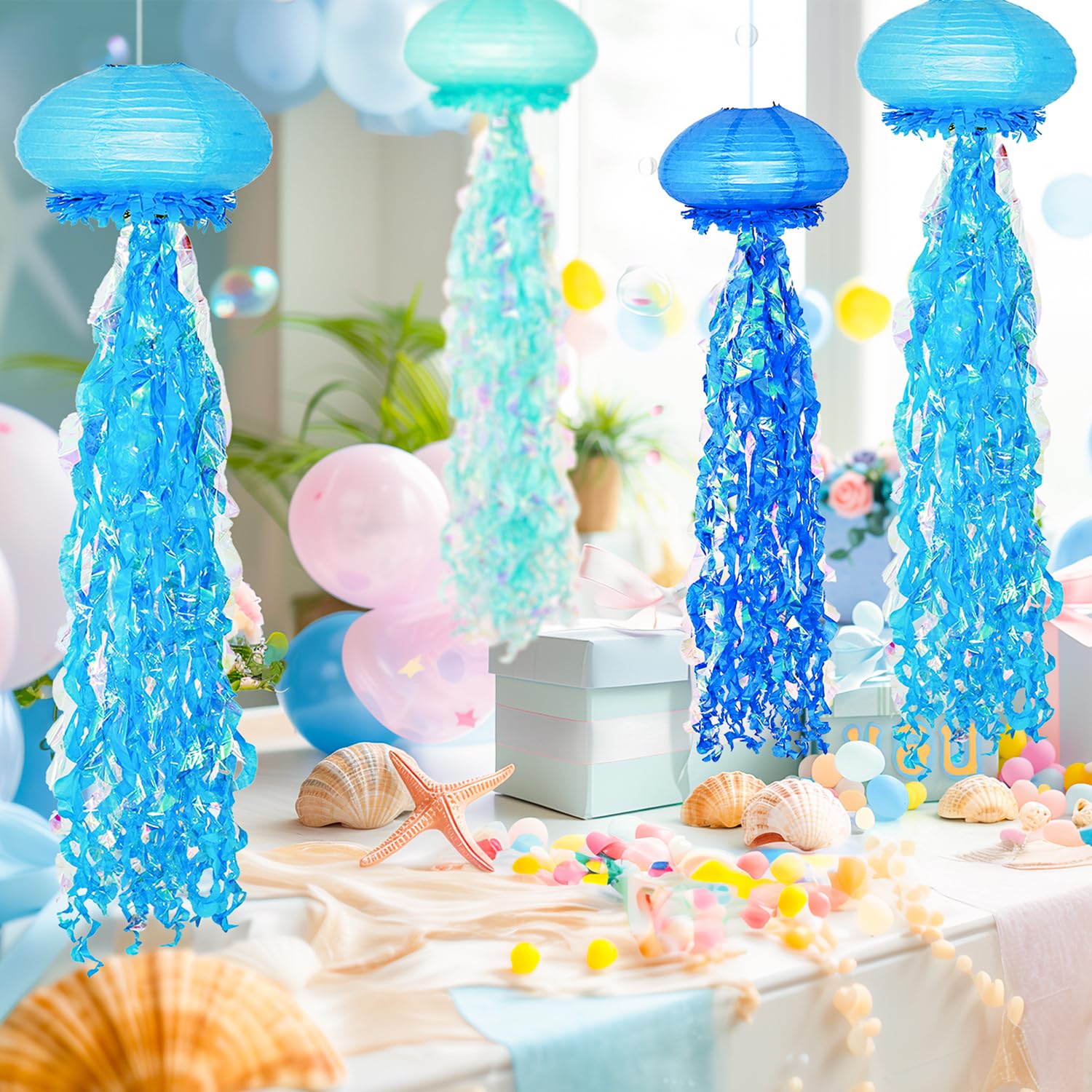 Obxt 10'' Blue Jellyfish Paper Lanterns - Under The Sea Birthday & Mermaid Party Decorations, Ocean And Beach Theme Indoor Outdo