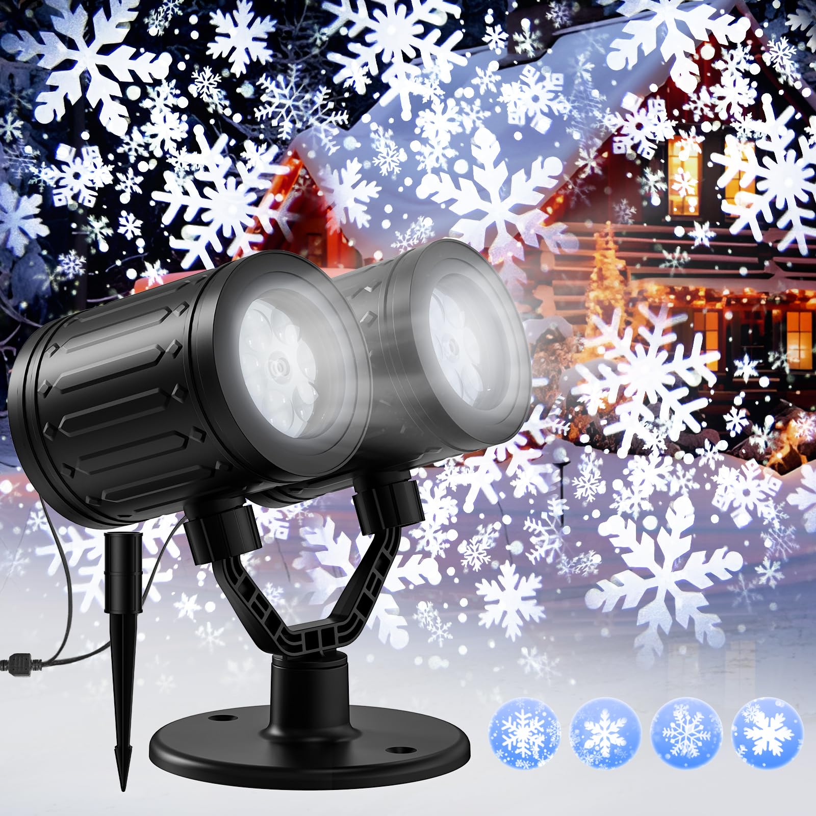 Christmas Projector Lights Outdoor, 2024 Double-Head Rotating LED Snowflakes Projector, Waterproof Christmas Decoration Lights f