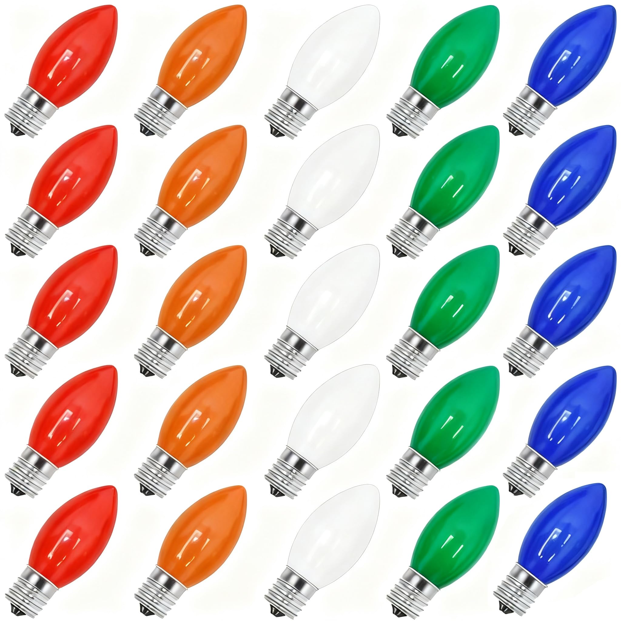 Abeja 25 Pack Multicolor Christmas Lights Replacement Bulbs C9 Vintage Incandescent Ceramic Bulbs E17 Socket Base 7w for Xmas Holiday String Lights Outdoor Indoor Party Decorations