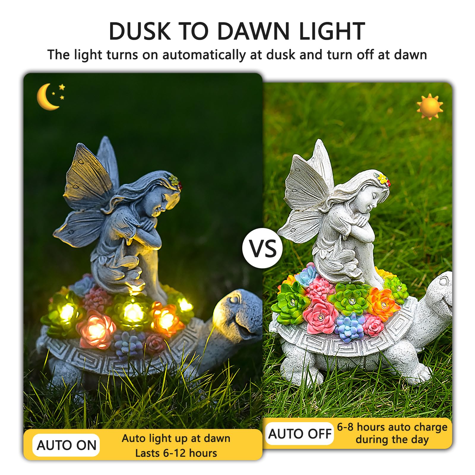 AVEKI Garden Statue Turtle & Flower Fairy Figurines Resin Decor with LED Lights, Solar, Waterproof, Succulent