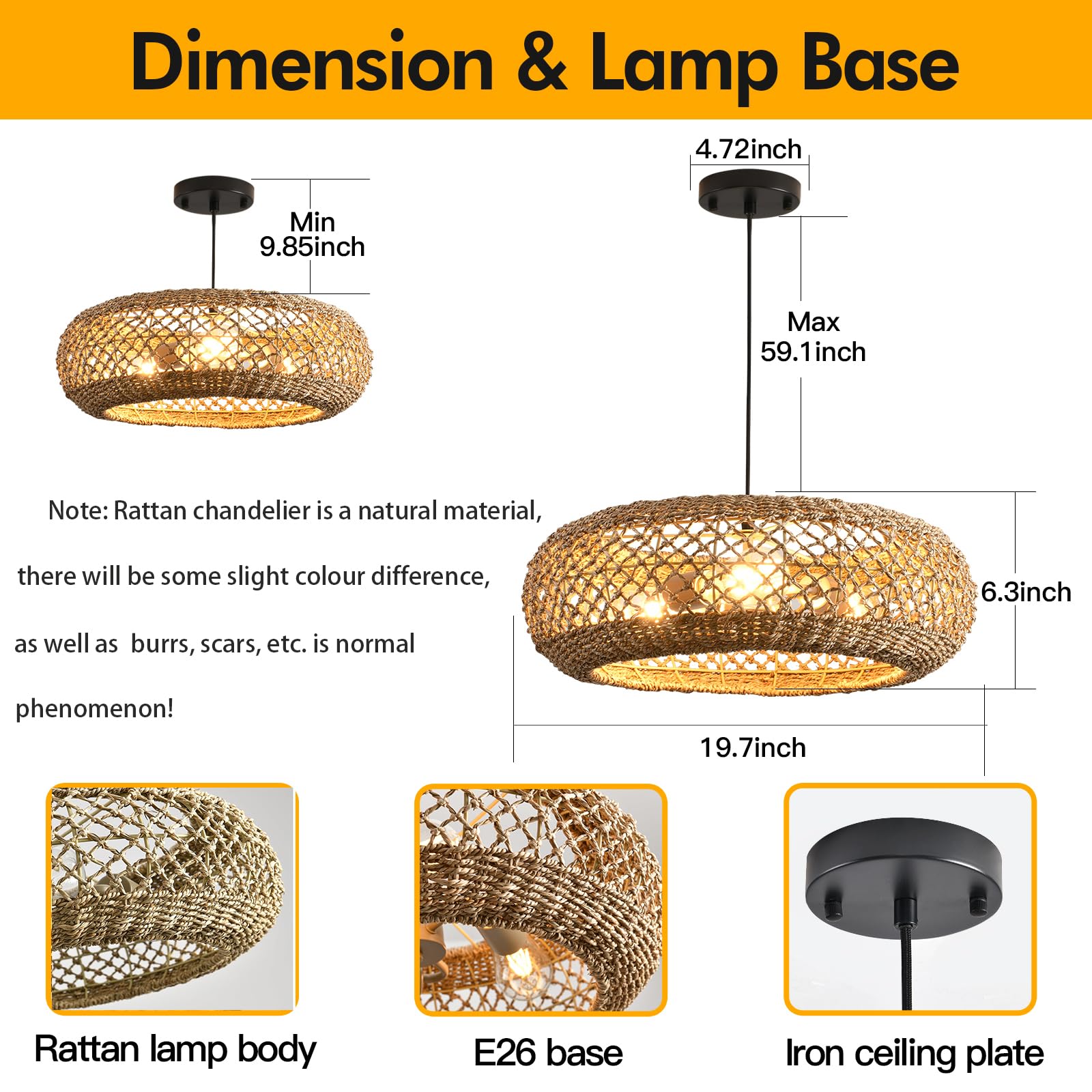 Lhjihfu 3- Lights 20.1'' Rattan Hanging Pendant Light Fixture, Handmade Woven Wicker Bohemian Pendant For Kitchen Island Bedroom