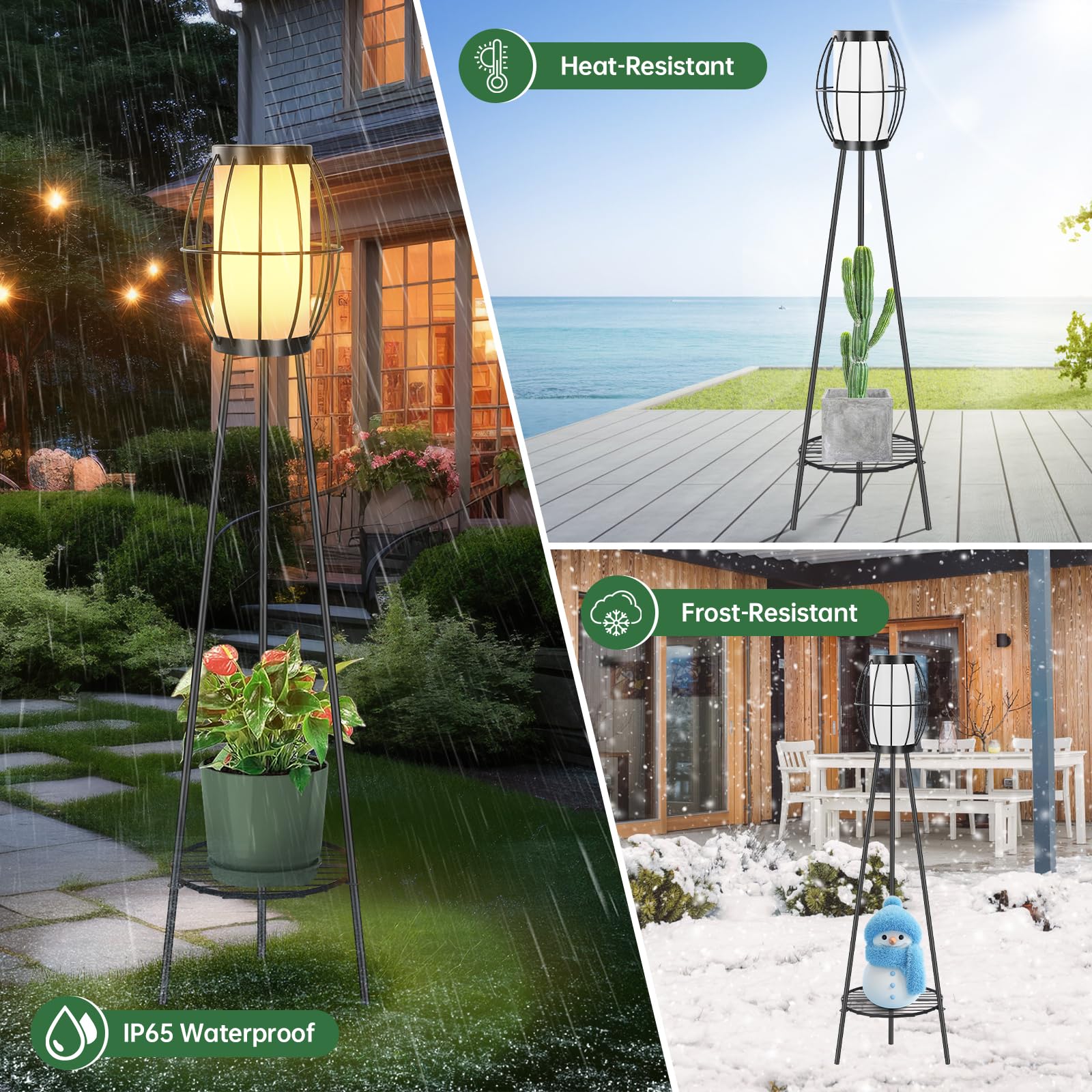 2 Pack Solar Lights Outdoor With Plant Stands, Solar Floor Lamps, Black Metal Tripod Deck Lights, Patio Decor For Garden Yard Pa