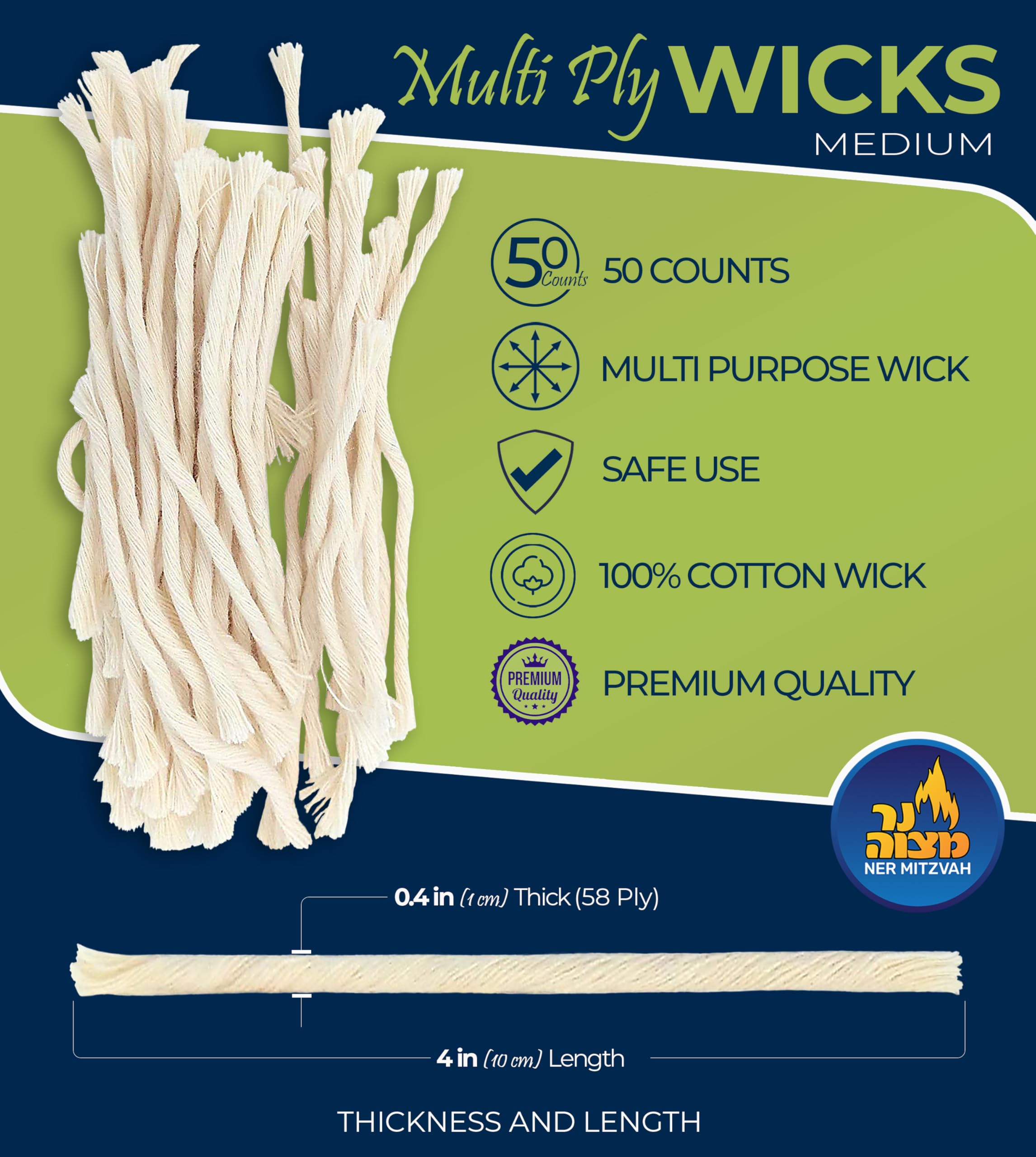 Ner Mitzvah Natural Smokeless Cotton Wicks – 50 Count (Approx.) 58 Ply Medium Thickness For Oil Cup Candle – Replacement Wicks