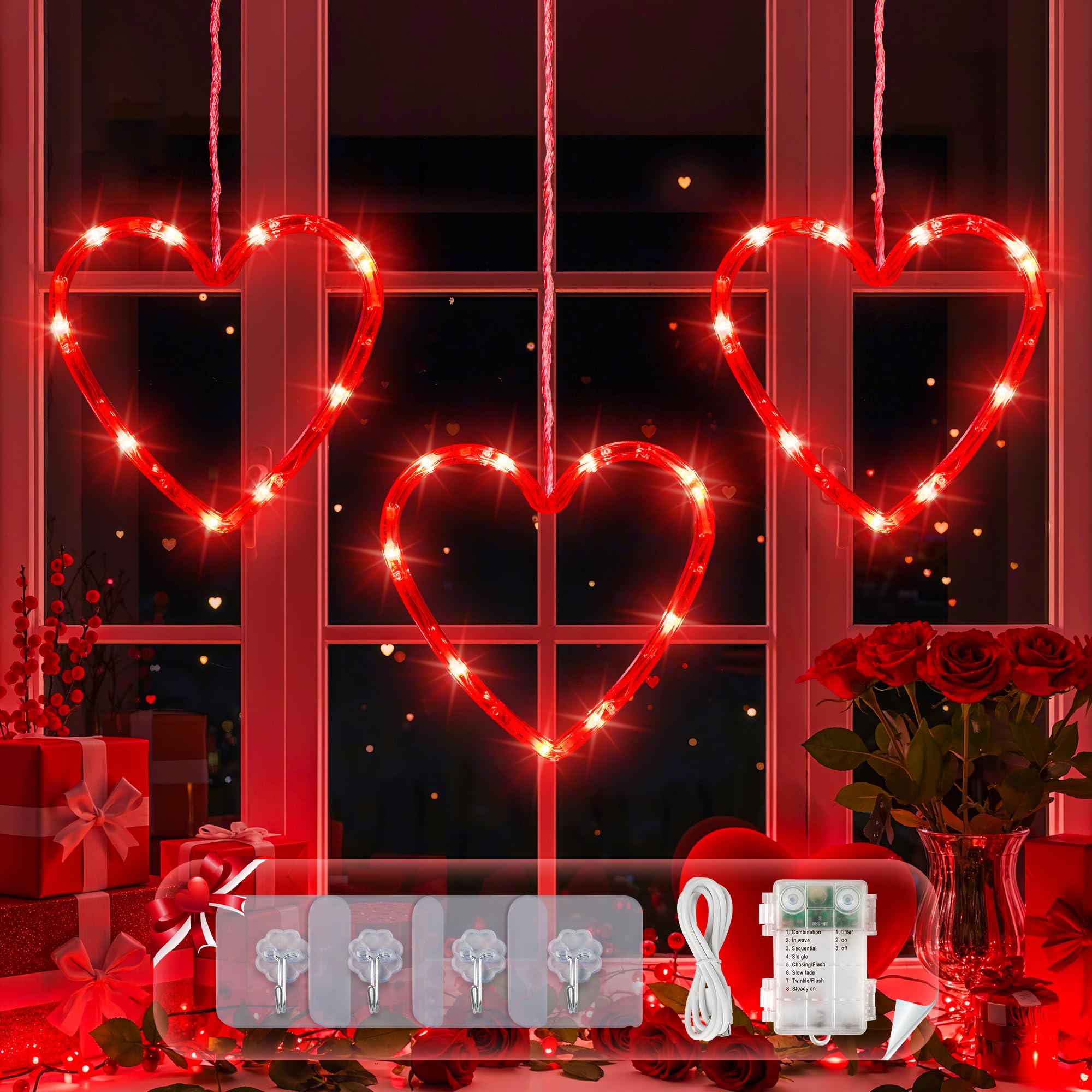 BEEWIN Valentines Day Decorations Window Lights,30 LED 3 Red Hearts Hanging Silhouette Lights with Timer,8 Modes USB and Battery