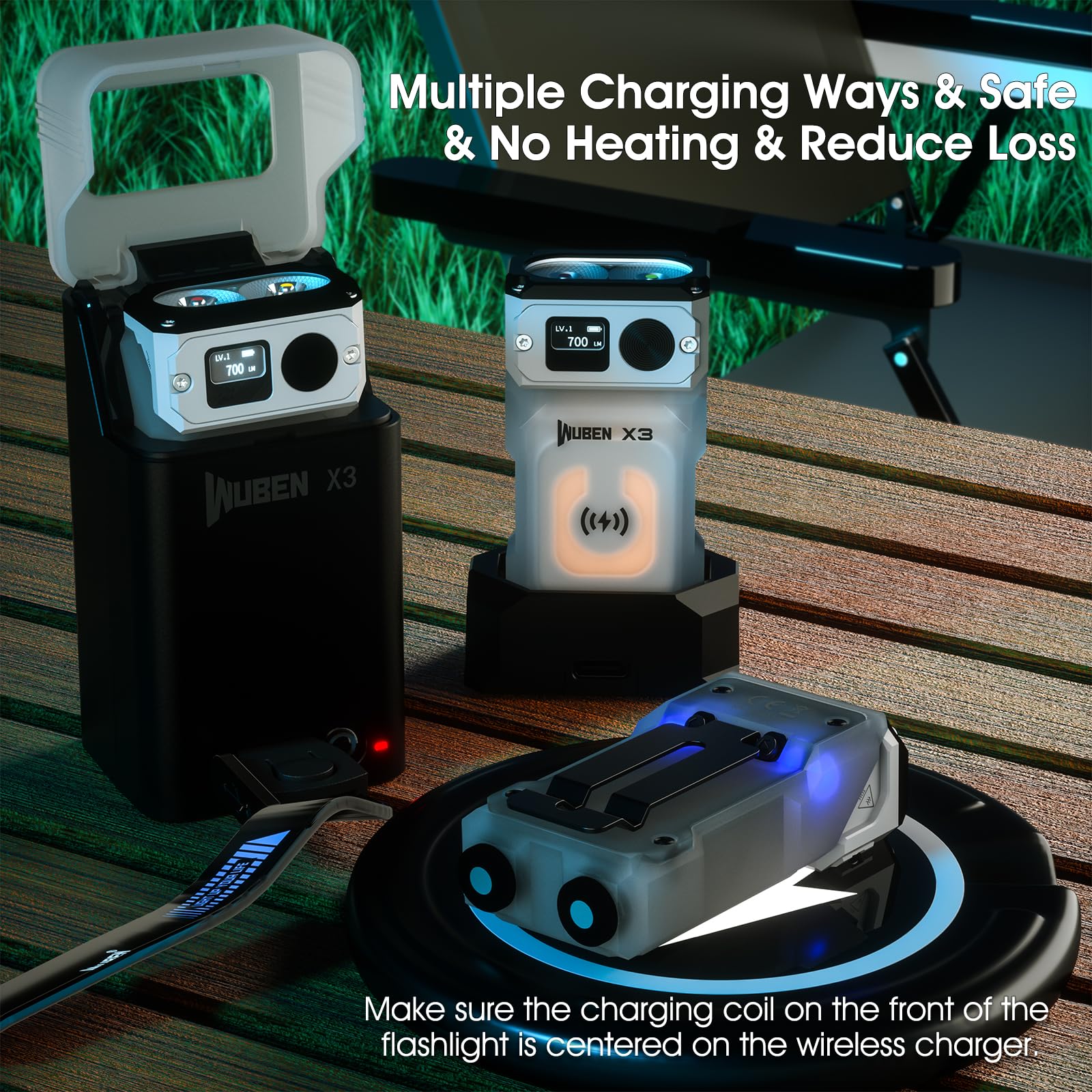 WUBEN X3 Mini Flashlight - 180° Rechargeable, IP65 Waterproof, 10 Modes, White X3 & Black Base, Compact Keychain Light for Camping & Outdoor Use