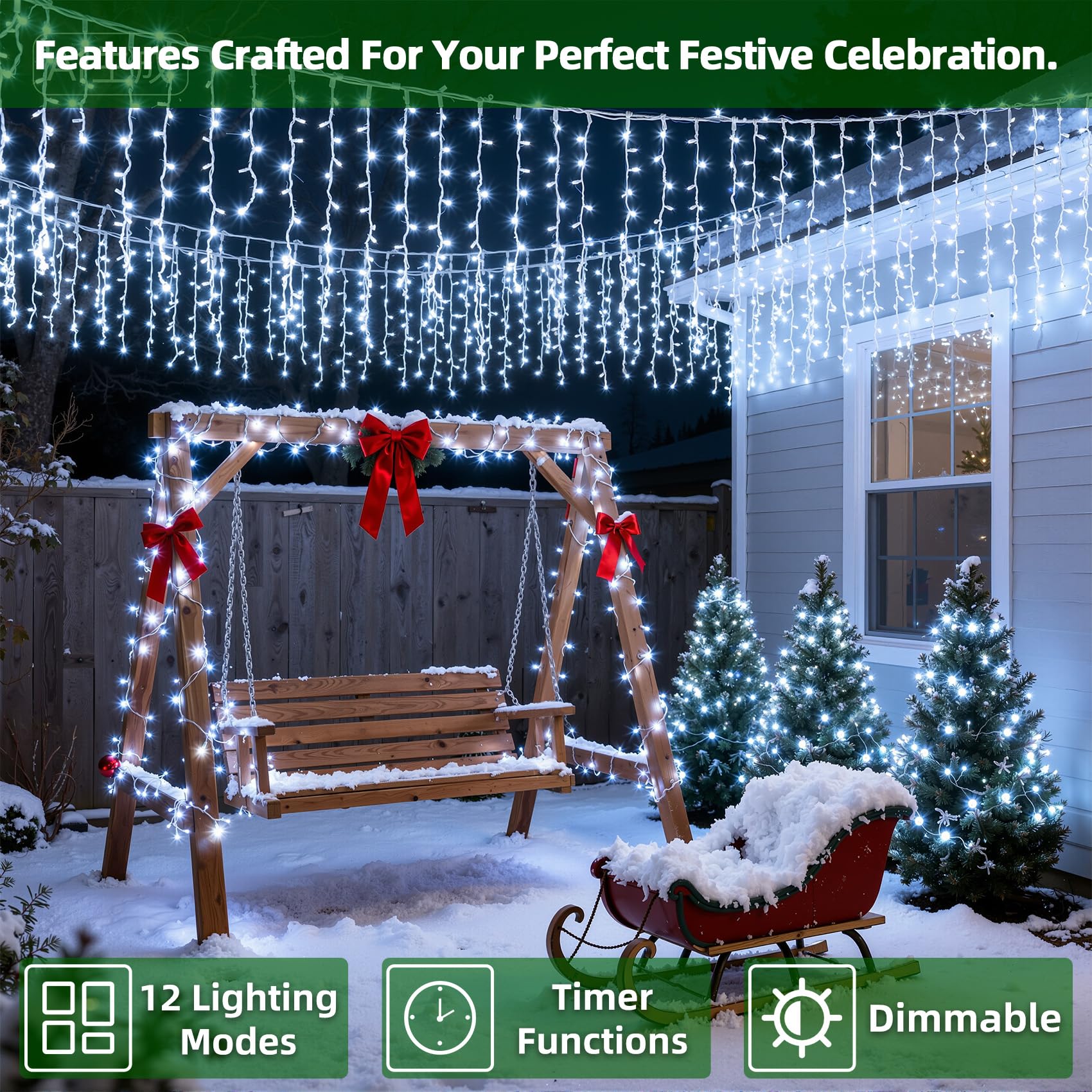 XIKENGSHQ LED Christmas Lights, 1332 Lights, 132ft, 12 Modes, Waterproof, Cool White, Model WX-1332L