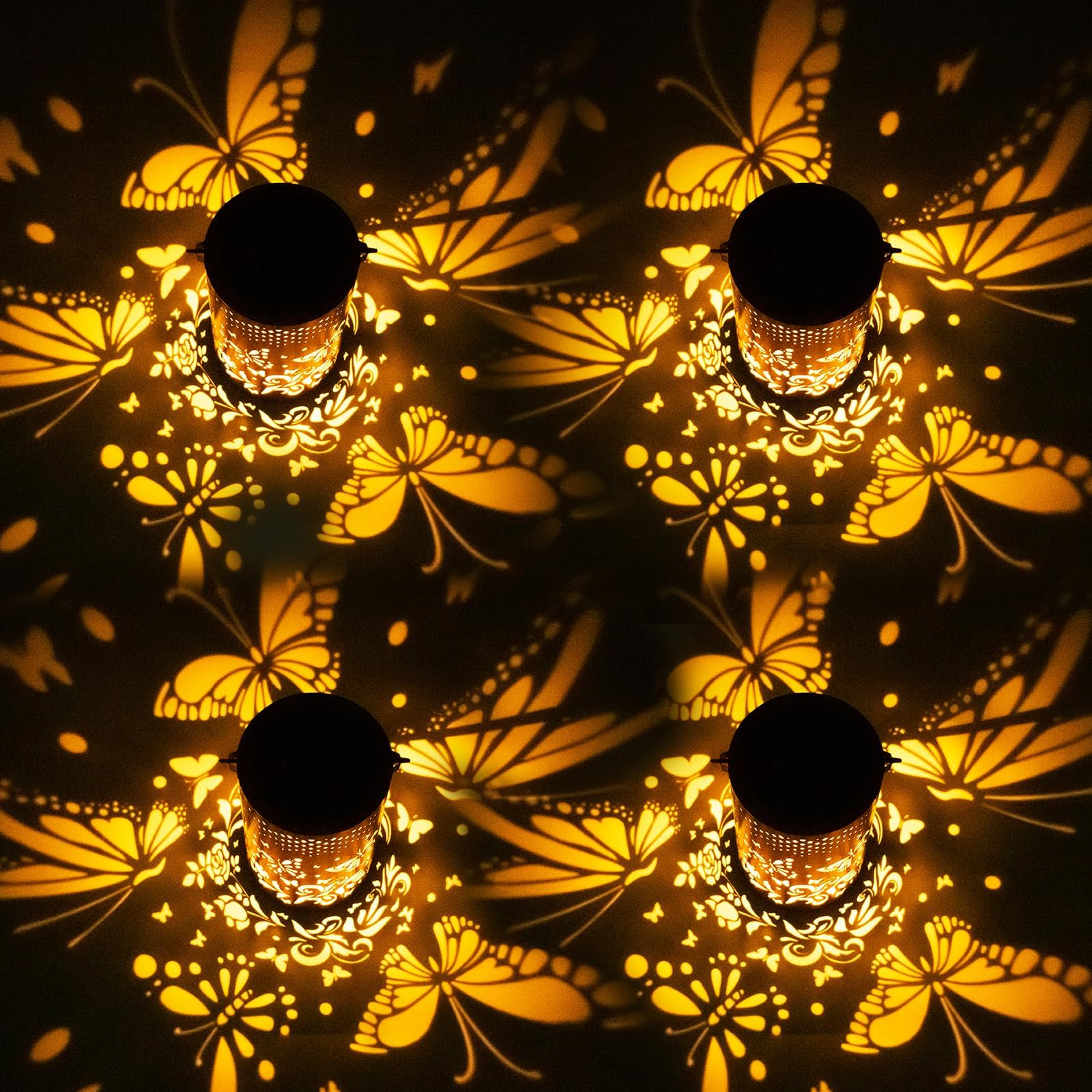 4 Packs Solar Lanterns Outdoor Hanging Lantern Lights, 4 Butterflies Hollowed-Out Metal Decor Lantern, Waterproof LED Decorative