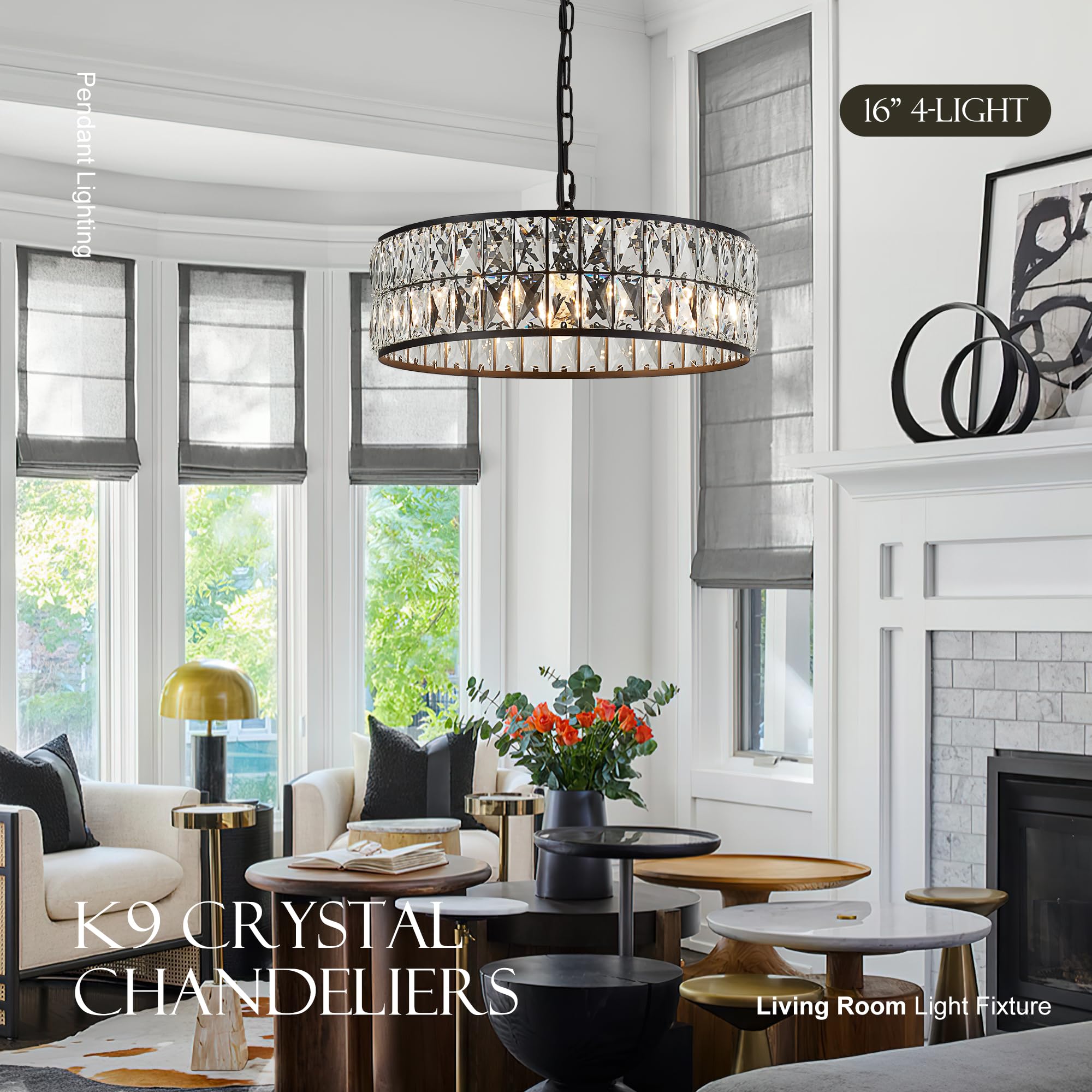 Salaiwei 16    4-Light Modern Crystal Chandeliers Black Dinning Room Light Fixture, Round Pendant Light Kitchen Island Chandelie