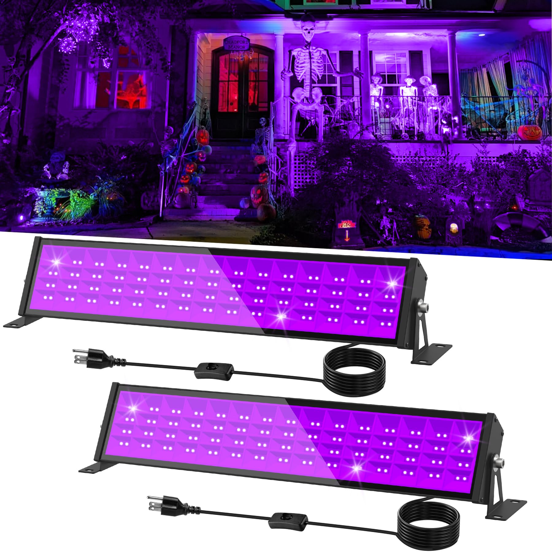 T-SUN LED Black Light Bar, 72W 2-Pack, Plug and Switch, 22x22ft Area, Perfect for Glow Parties and Stage Lighting