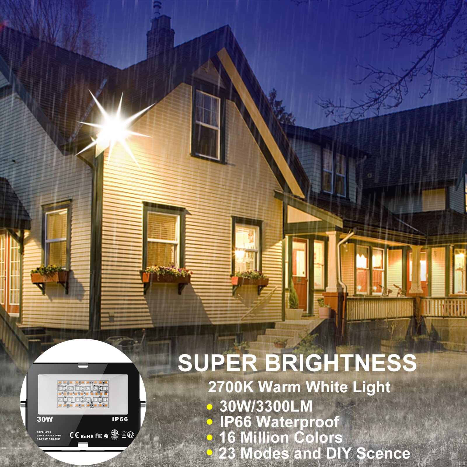 ChangM LED Flood Lights 30W RGB Smart Floodlight, IP66 Waterproof, Bluetooth Control, 6 Pack, 2700K, 16 Million Colors