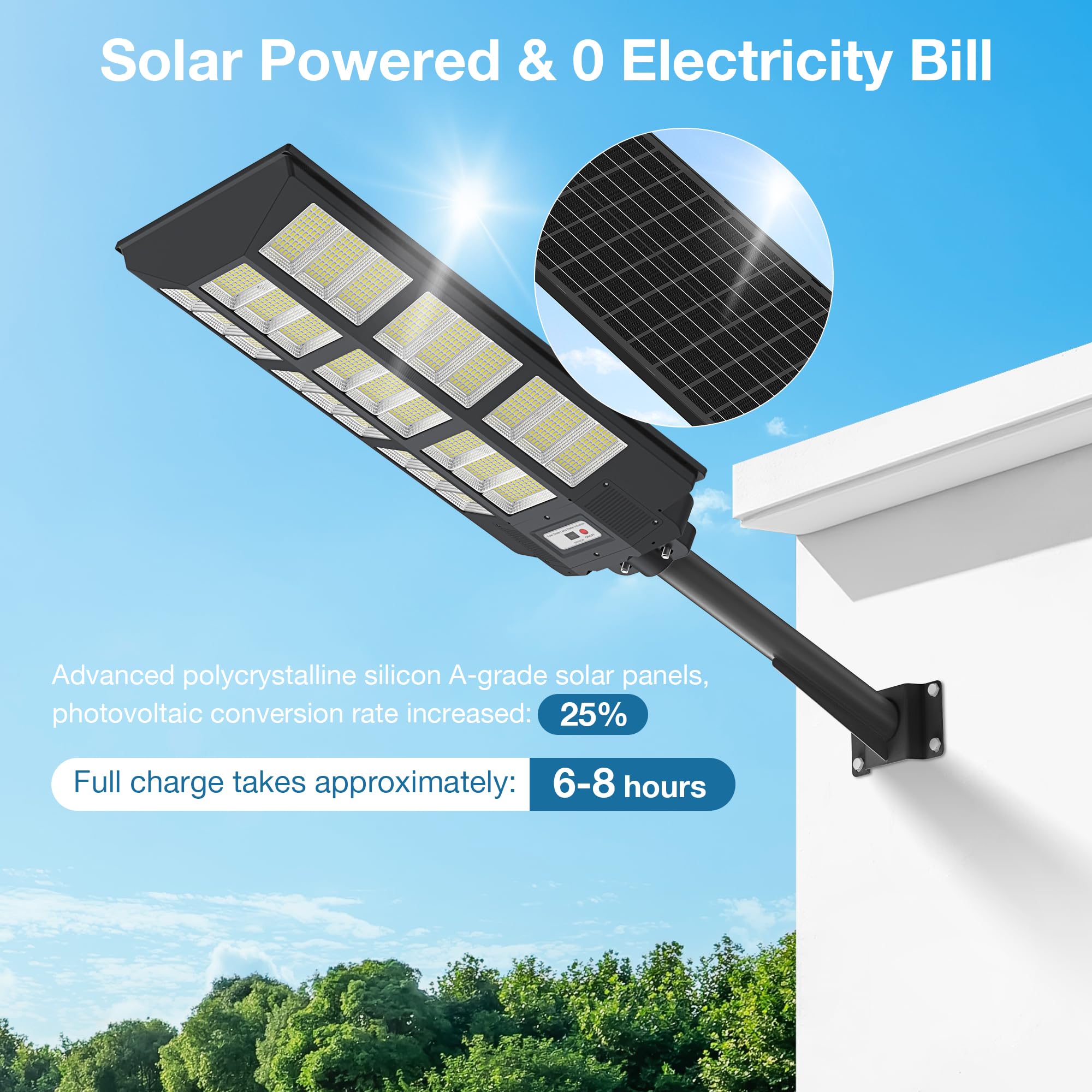 OKPRO Solar Street Light 10000W - Waterproof Motion Sensor, LED, Black, Model S-1458JY, Dusk to Dawn, Outdoor Parking Lot Light