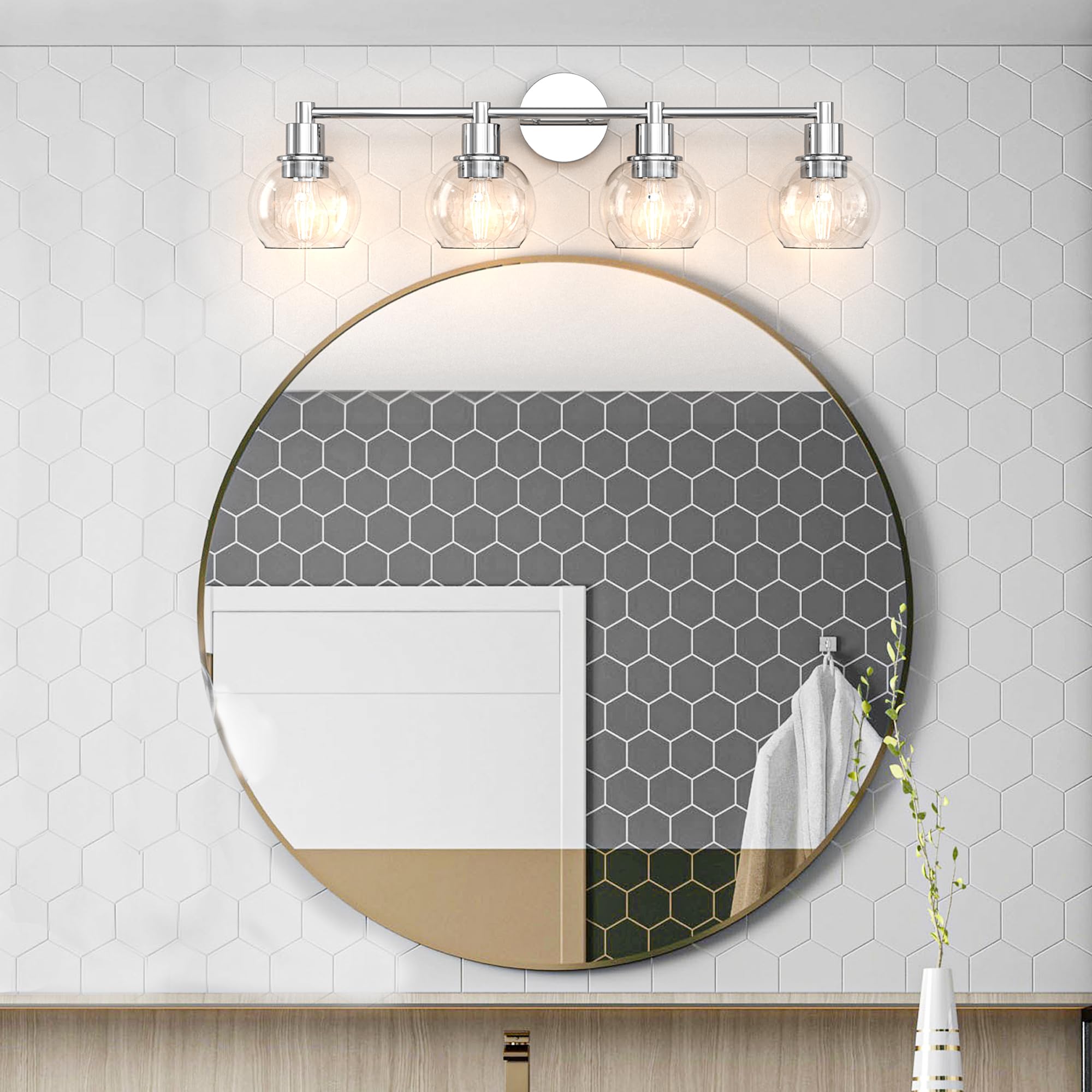 Espird 4-Light Bathroom Vanity Light Fixture, Polished Chrome Metal Wall Sconce, Model L02-4-GE, Industrial & Farmhouse Style