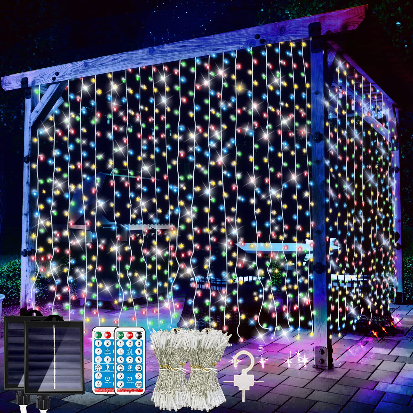LiyuanQ Solar Curtain Lights, 300 LED, 8 Modes, Waterproof, 2 Pack, Multicolor